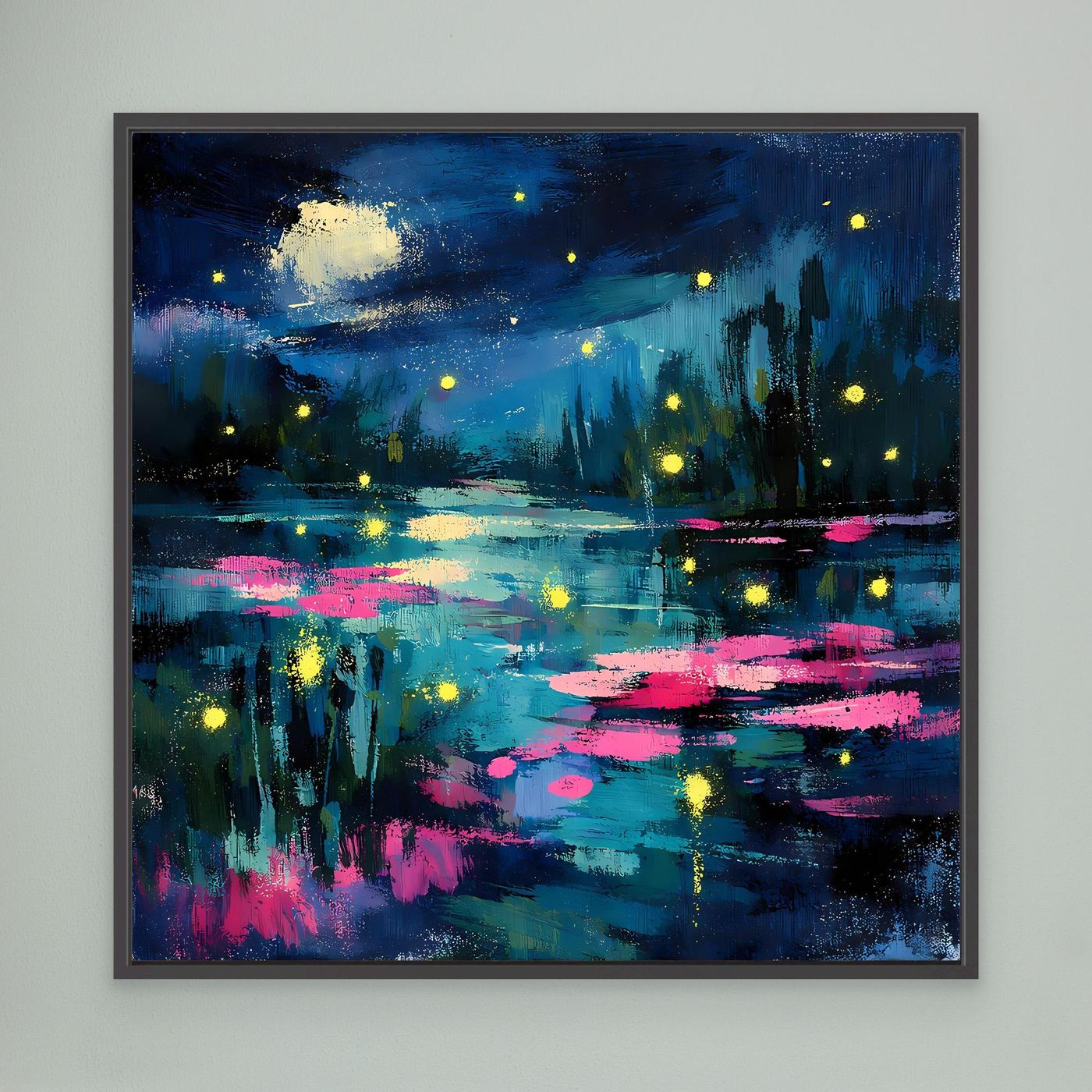 Abstract night lake wall art, blue water with magenta highlights, glowing fireflies, lily pads, black frame