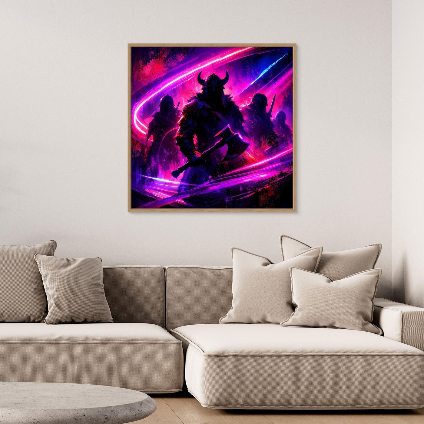 Quadratisches Leinwandbild, brauner Rahmen: neonfarbener Wikingerkrieger in Pink/Violett