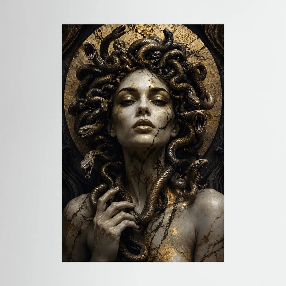 Medusa-Porträtposter als Nahansicht: Frauengesicht mit schwarzem Schlangenhaar, Goldakzente