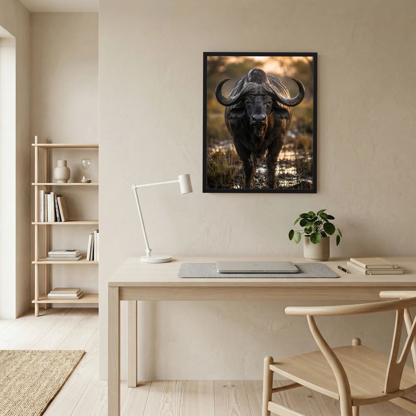 Tierposter mit schwarzem Kaffernbüffel mittig, über Arbeitsfläche an der Wand