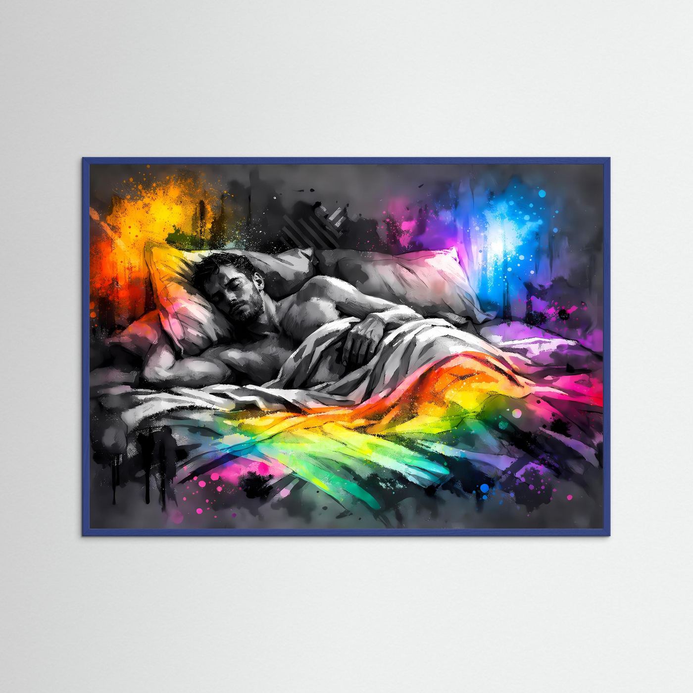 Schlafmotiv-Kunstposter im Querformat mit abstraktem Farbexplosions-Motiv, blauer Holzrahmen