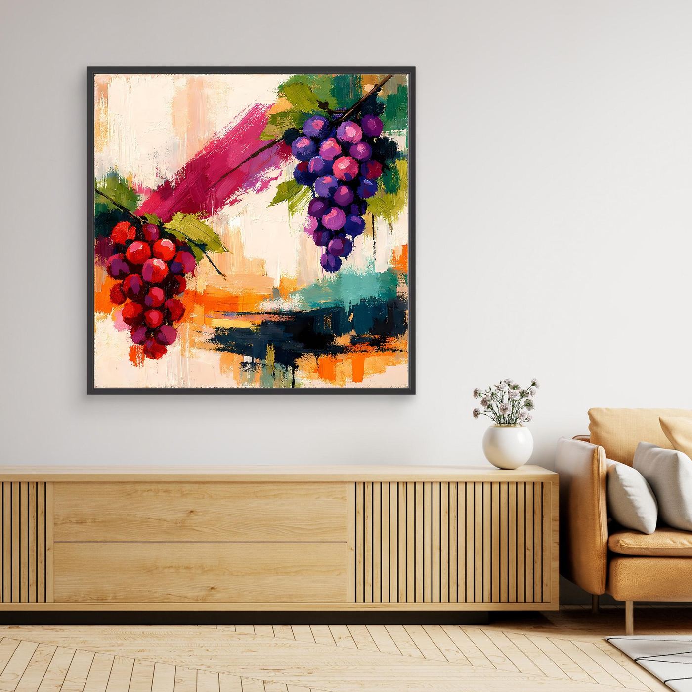 Abstract grape wall art print in dark frame, purple and red grapes with green leaves