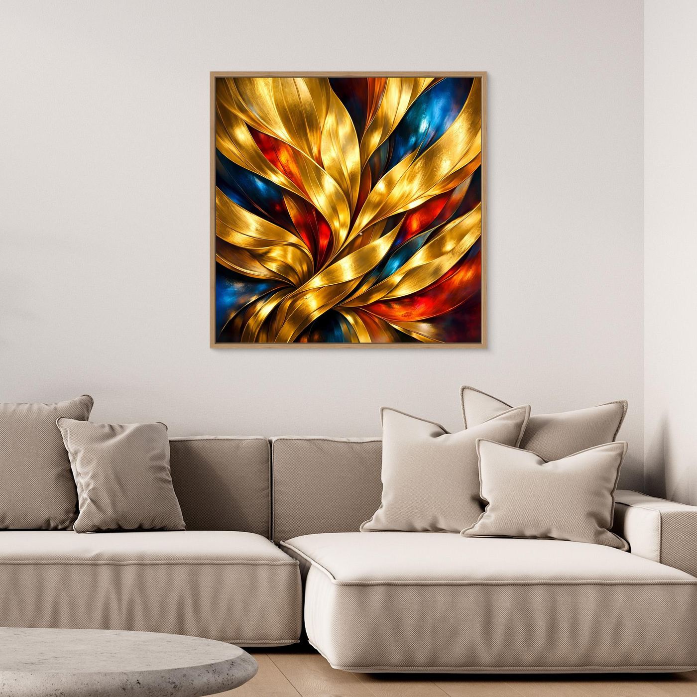 Leinwandbild Goldene Wellen: abstraktes Blattmotiv mit goldenen Strukturen, blau und rot