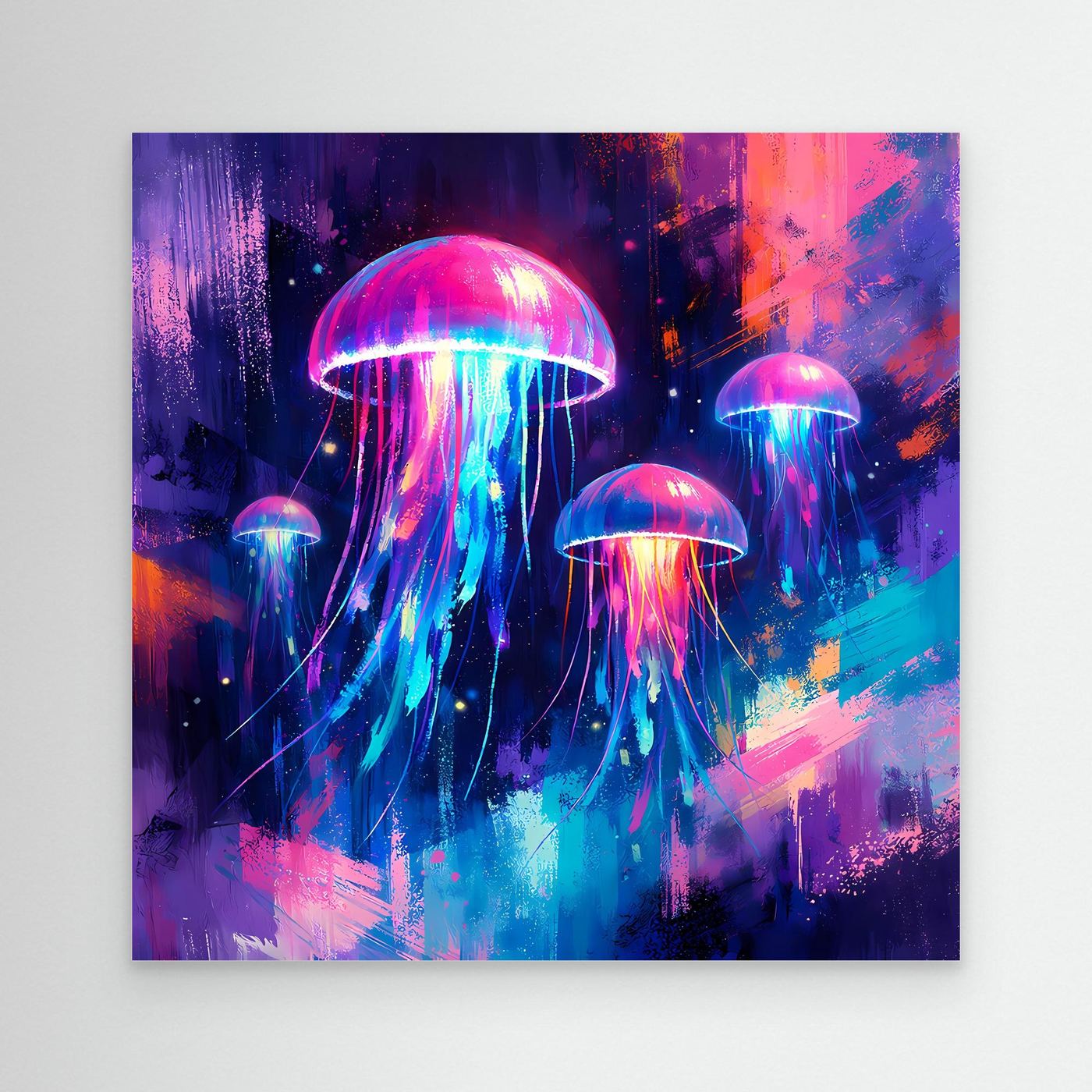 Leinwand Magische Leuchtquallen im Tiefsee-Ozean | Abstraktes Neon Wandbild