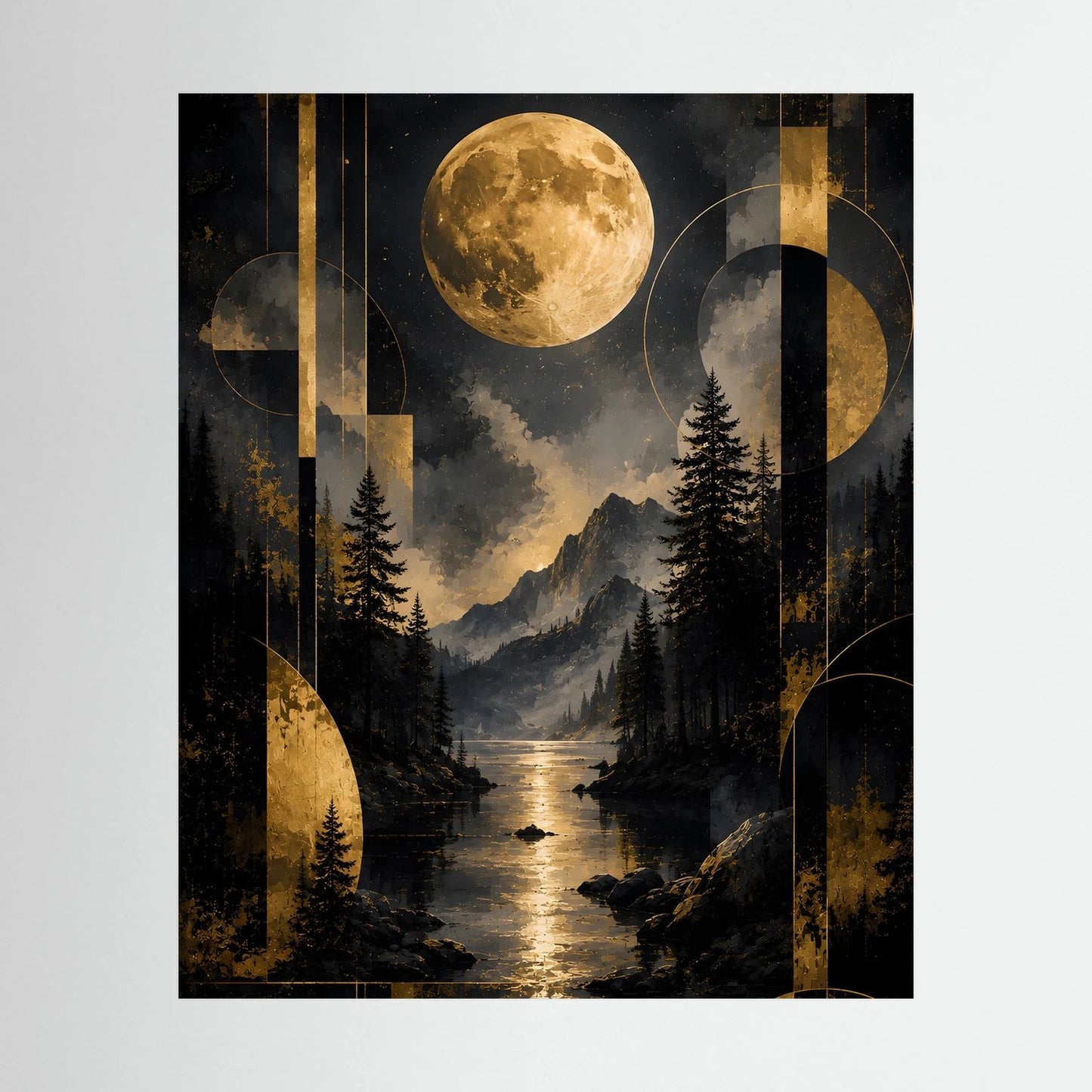 Hochformatiges Poster mit goldenem Vollmond über Bergen und See, abstrakte Goldkreise