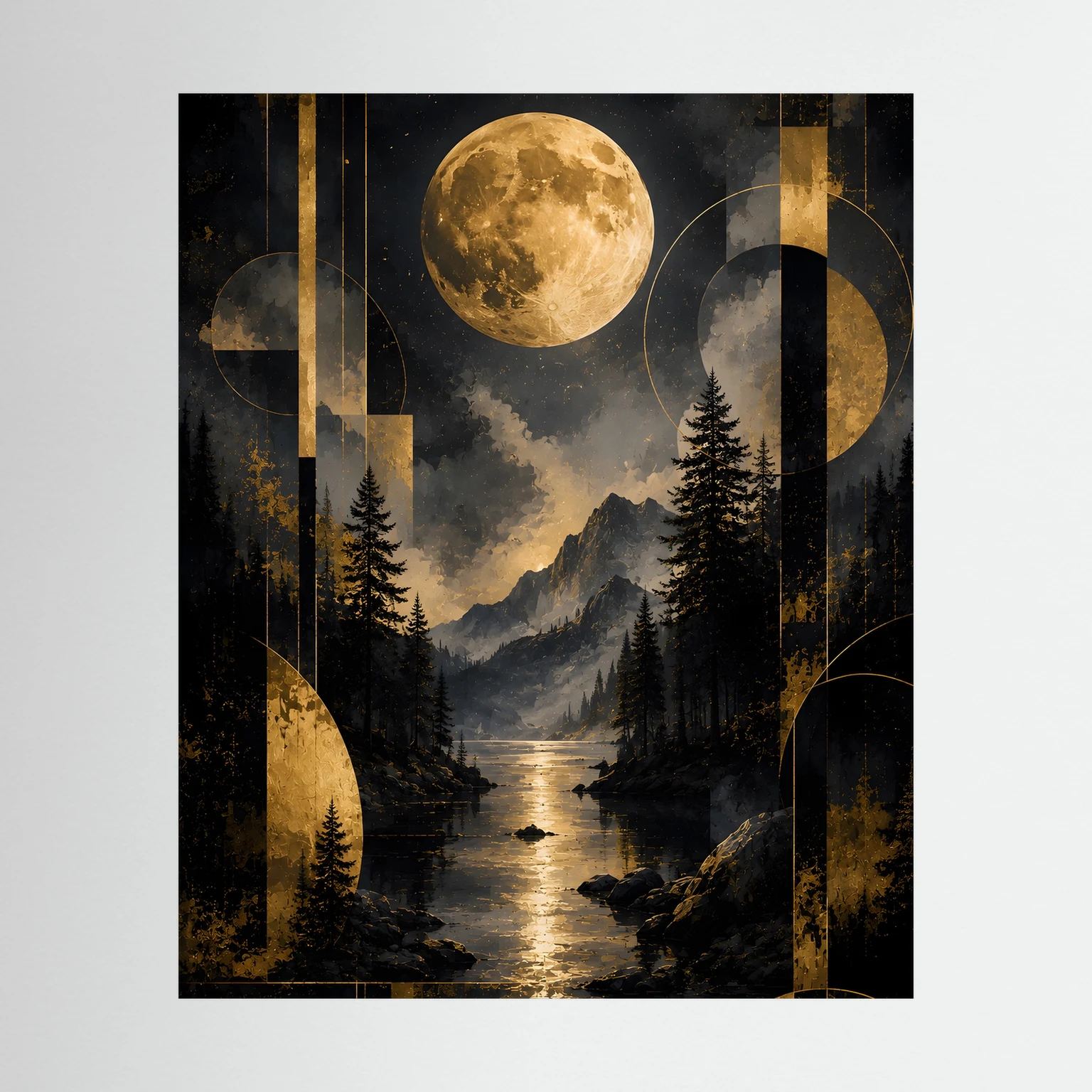 Hochformatiges Poster mit goldenem Vollmond über Bergen und See, abstrakte Goldkreise