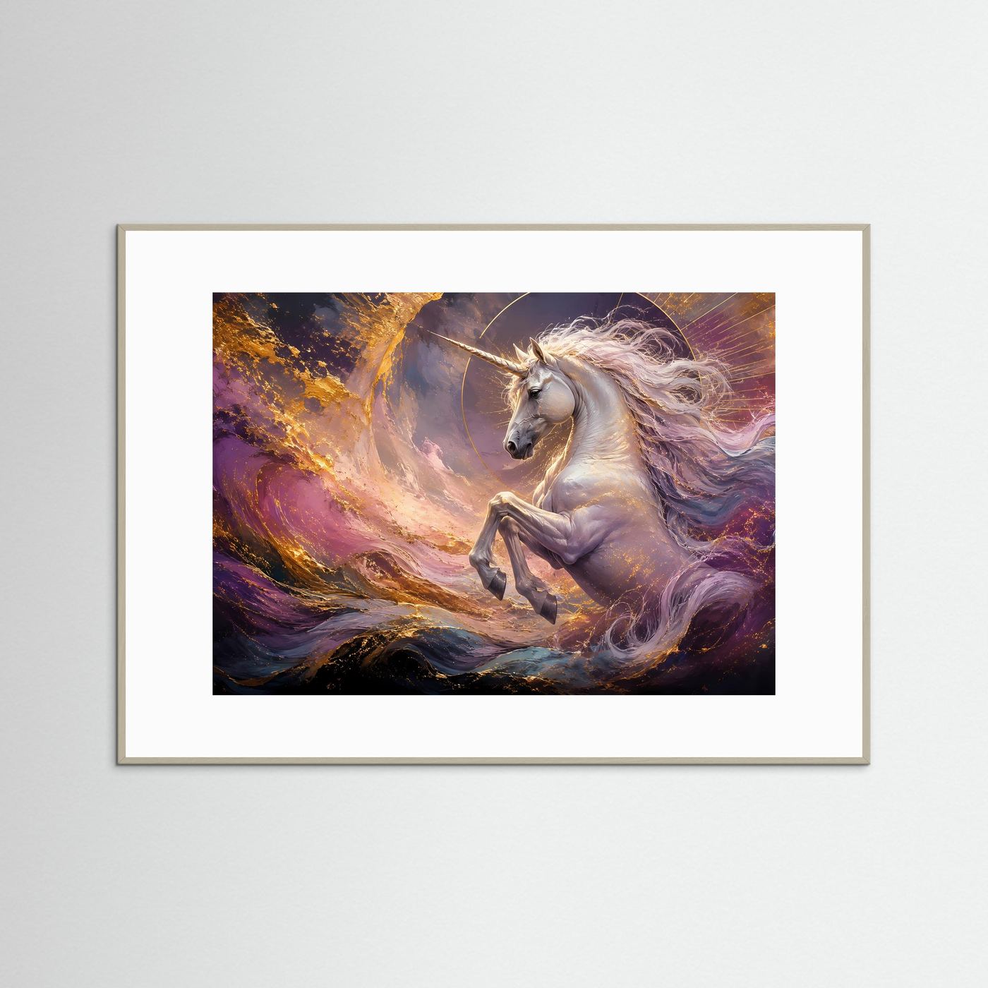 Querformatiges Einhorn-Kunstposter mit grauer Rahmenleiste und weißem Passepartout