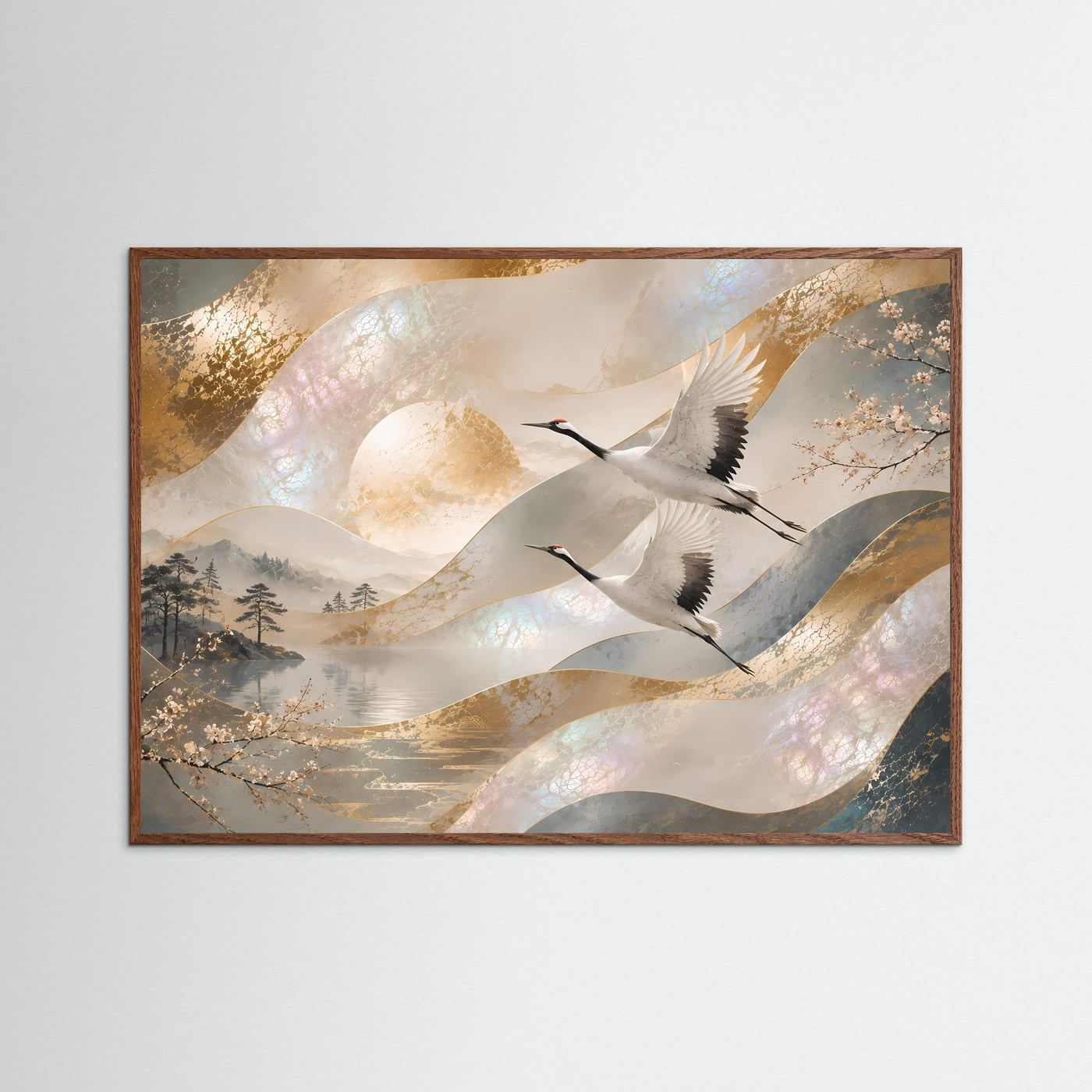 Japanische Kraniche im Flug | Elegante Perlmutt-Kunst in Gold & Creme