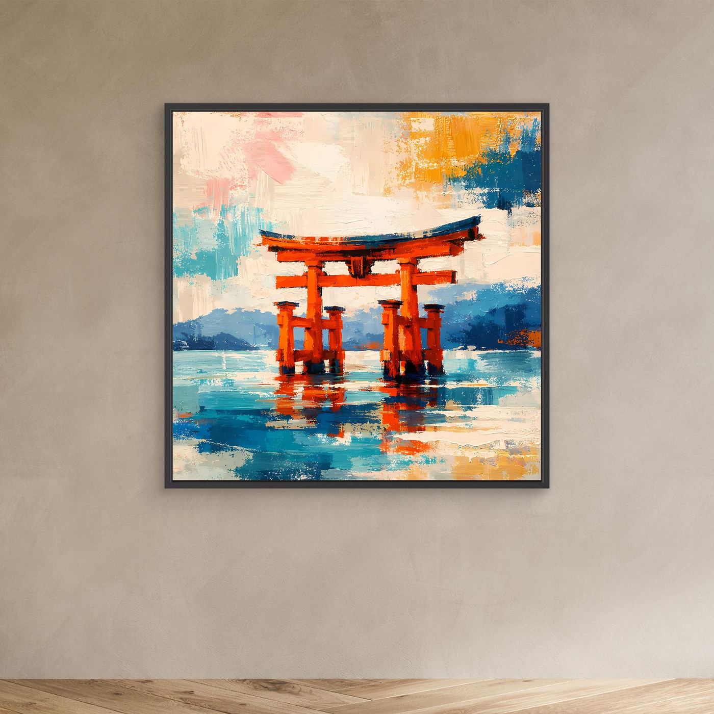 Leinwandbild Japanisches Torii-Tor im Meer | Abstraktes Kultur Wandbild auf echtem Holzkeilrahmen
