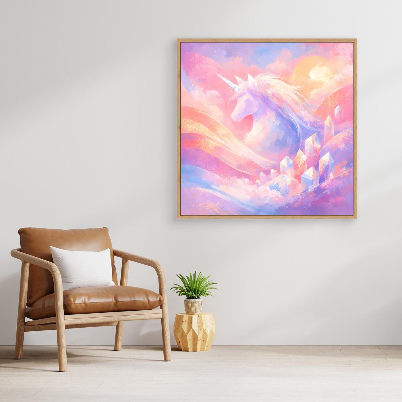 Leinwandbild mit magischem Einhorn in Pastellfarben, abstraktes Fantasy-Motiv, Eichenrahmen