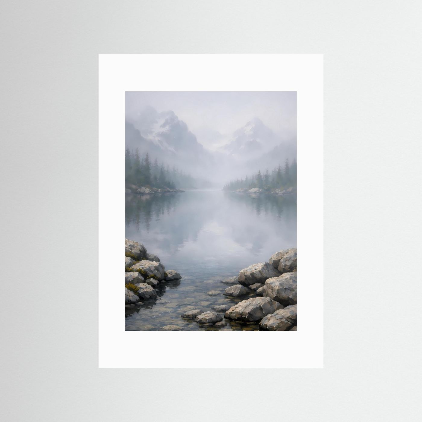 Hochformatiges Naturkunstposter mit weißem Rand, nebliger Bergsee und Felsen am Ufer