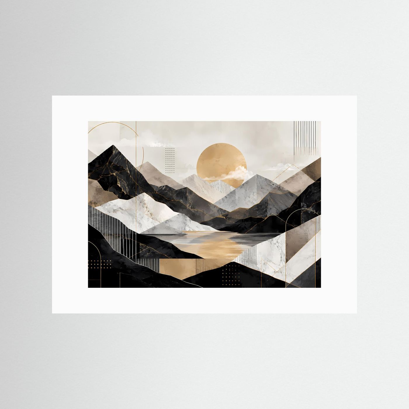 Abstraktes Poster ohne Rahmen, mit weißer Einfassung; Berglandschaft, See, goldene Sonne.