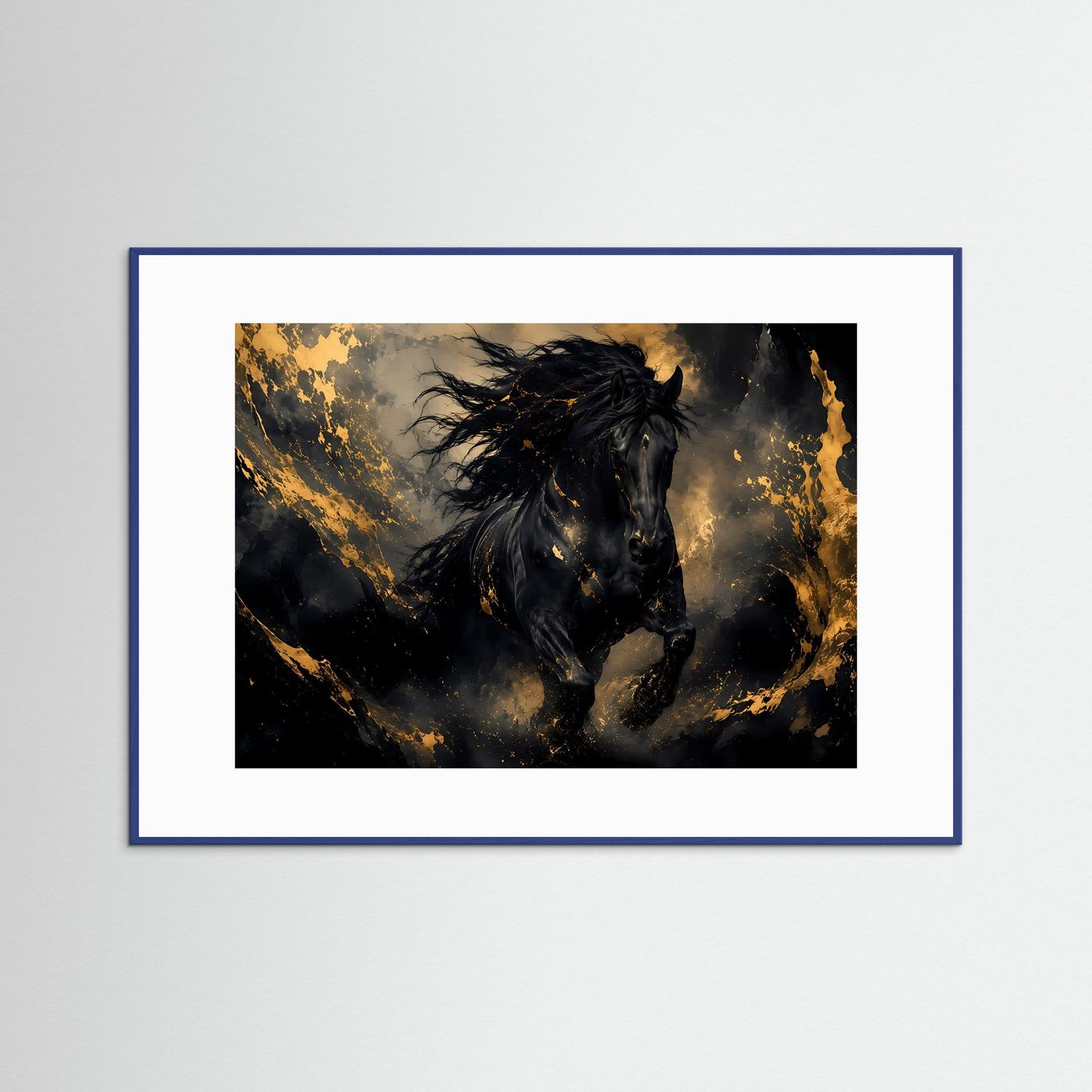 Tier-Poster mit schwarzem Pferd und goldenen Akzenten, blauer Rahmen