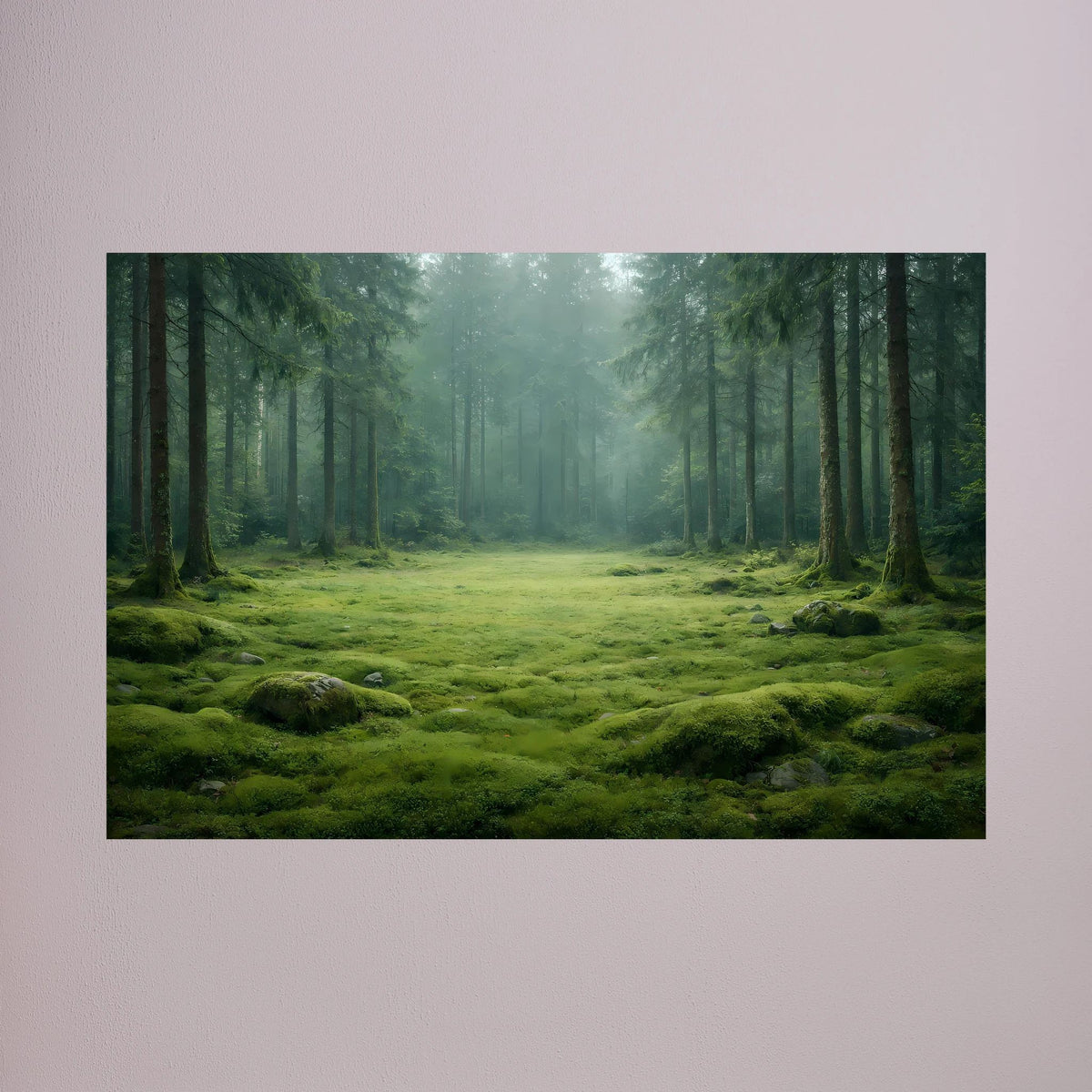 Querformat-Wandbild mit Waldlichtung und grünem Moos im Nebel