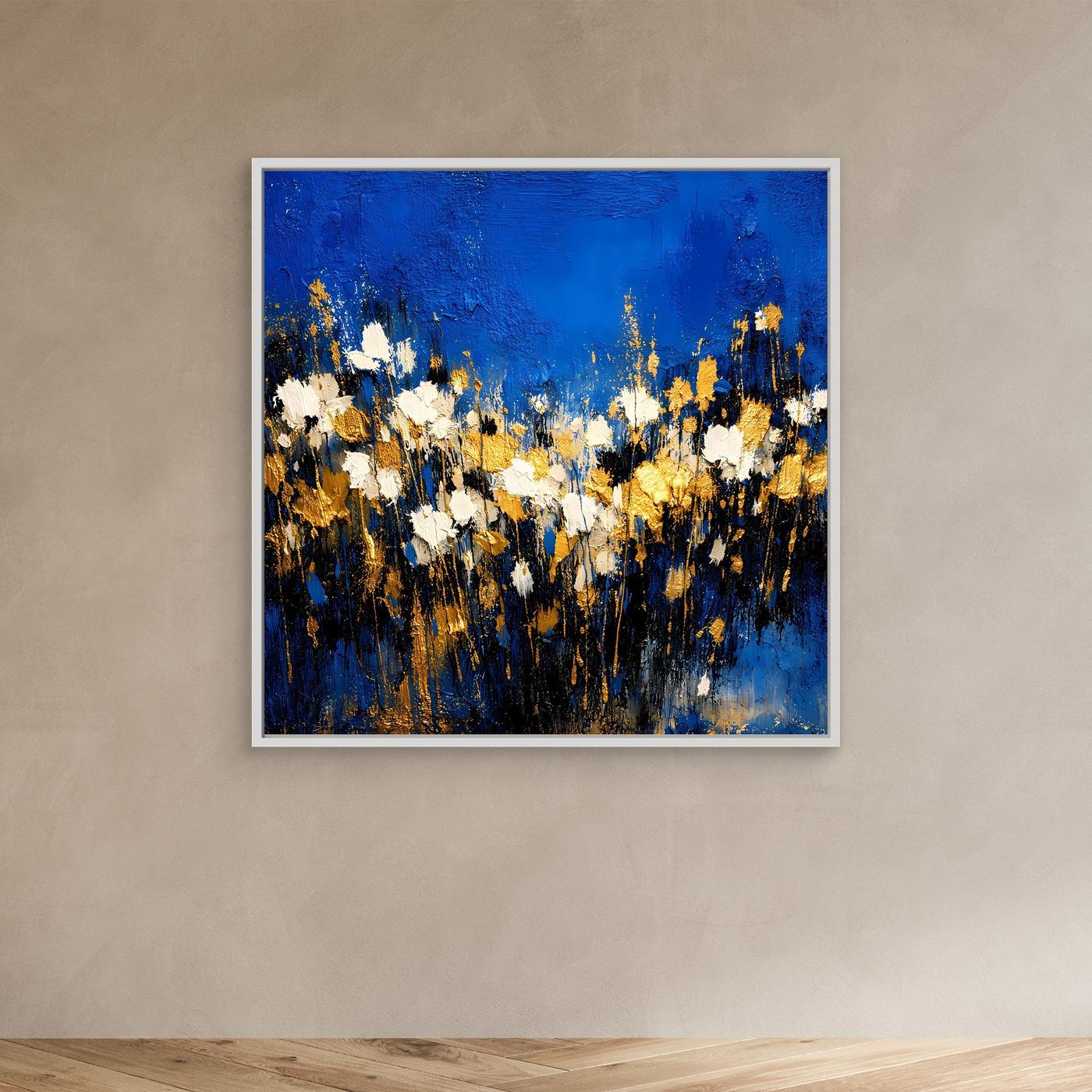 Wandbild mit weißem Rahmen, abstrakte Blumenwiese in Blau, Weiß und Gold