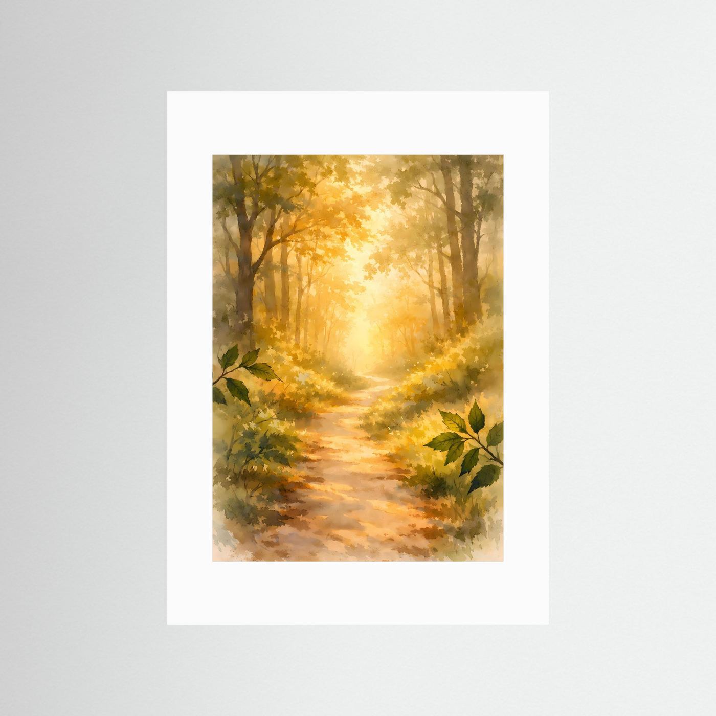 Waldposter im Aquarell-Look mit Sonnenlicht-Pfad, warmes Gelb-Grün, mit weißem Passepartout