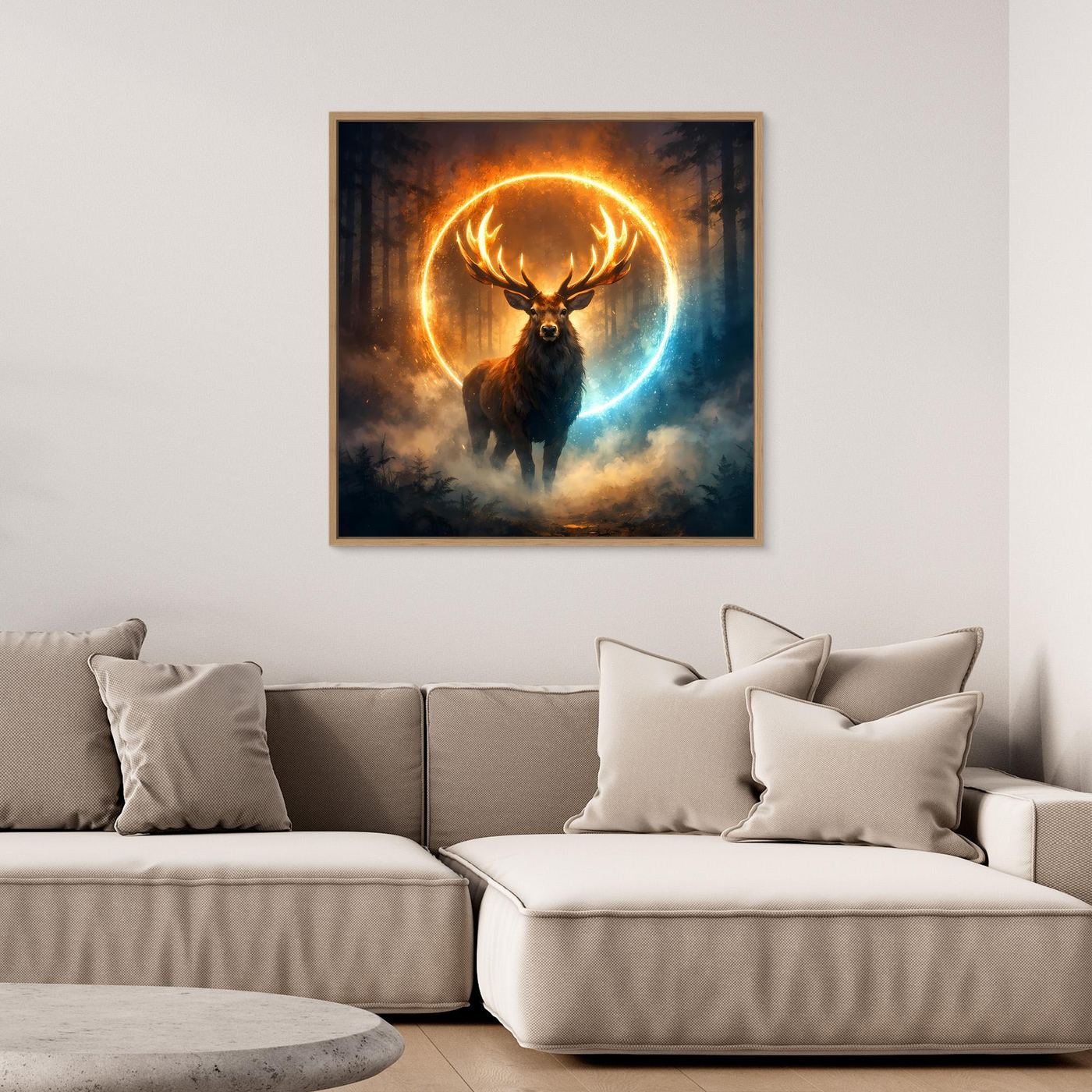 Gerahmtes Leinwandbild: Hirschmotiv mit gold-blauem Leuchtring, abstrakte Wolken