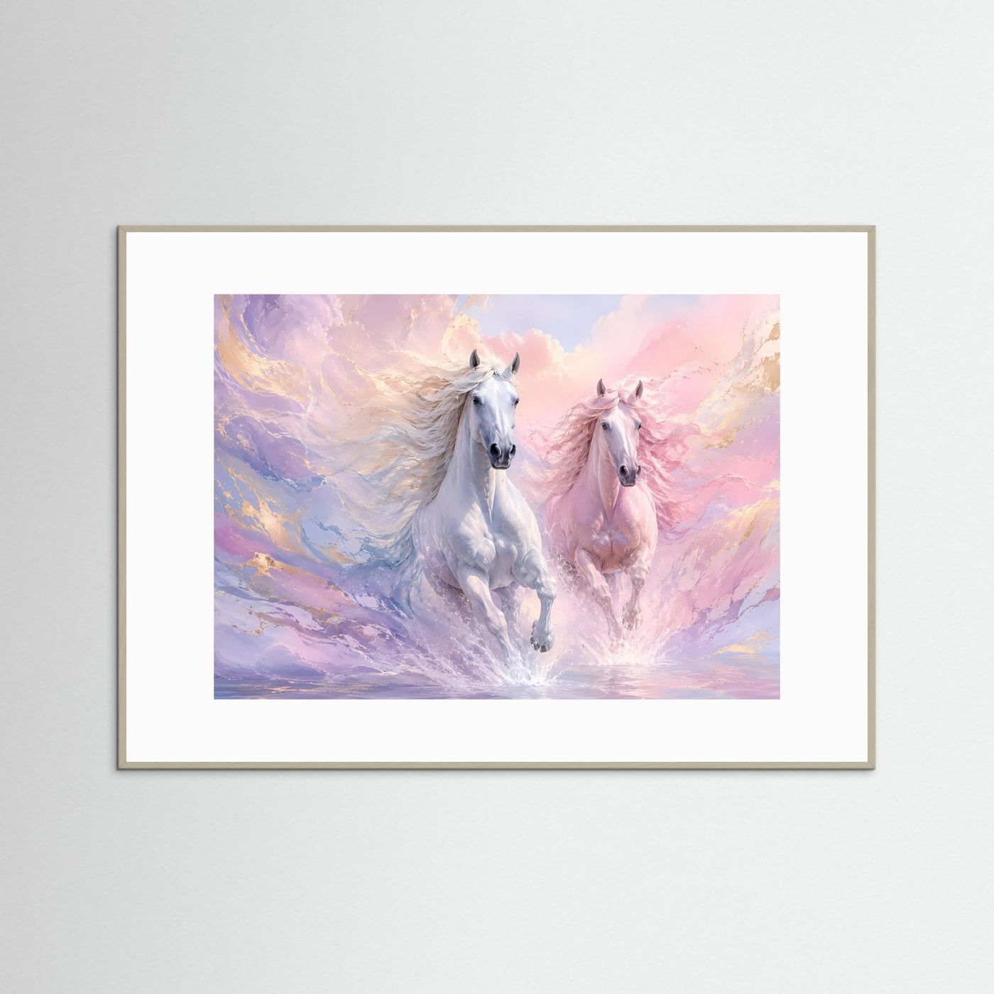 Pferde Poster Querformat | Elegante Weiße Pferde in Pastellfarben | Modernes Wandbild mit Goldakzenten