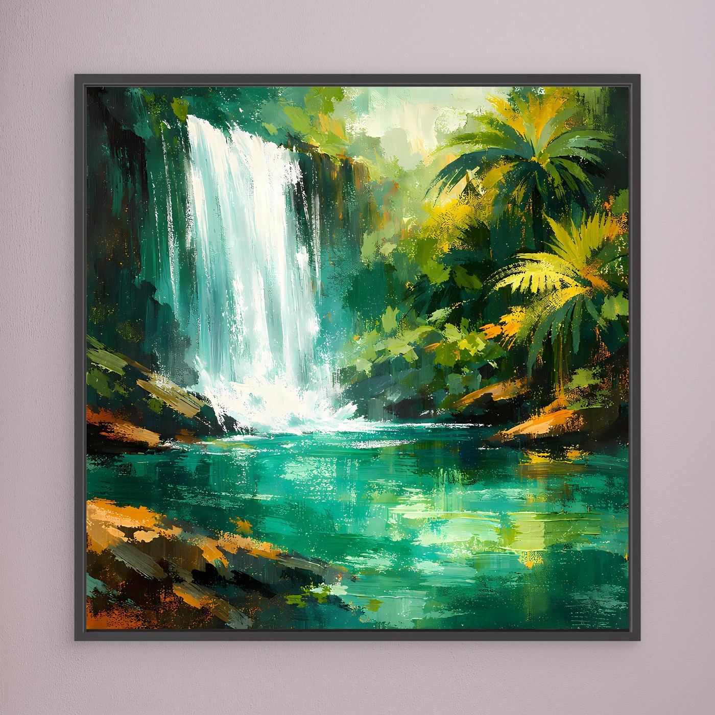 Leinwand Abstraktes Dschungel Wandbild mit Wasserfall | Modernes Natur Kunstwerk Grün
