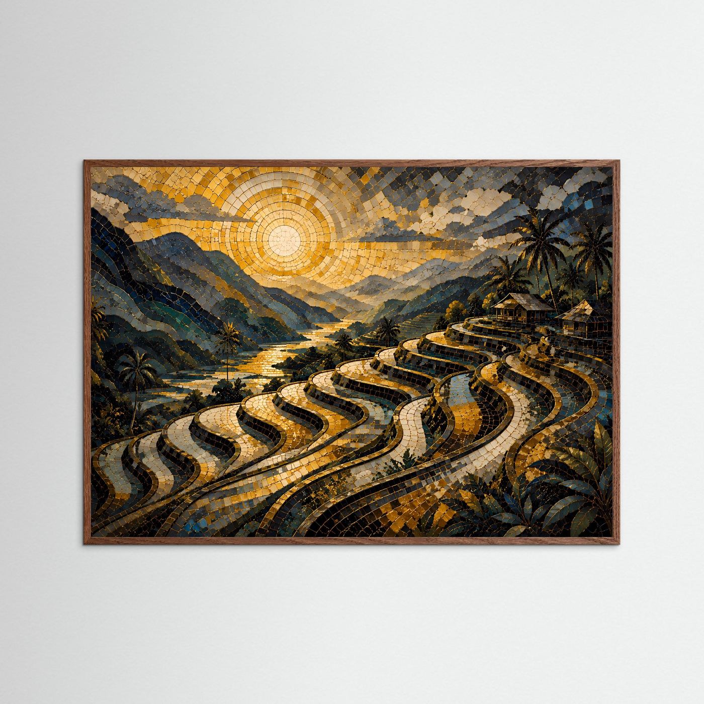 Poster mit Mosaik-Landschaft in dunklem Eichenrahmen: goldene Sonne, Reisterrassen, Palmen