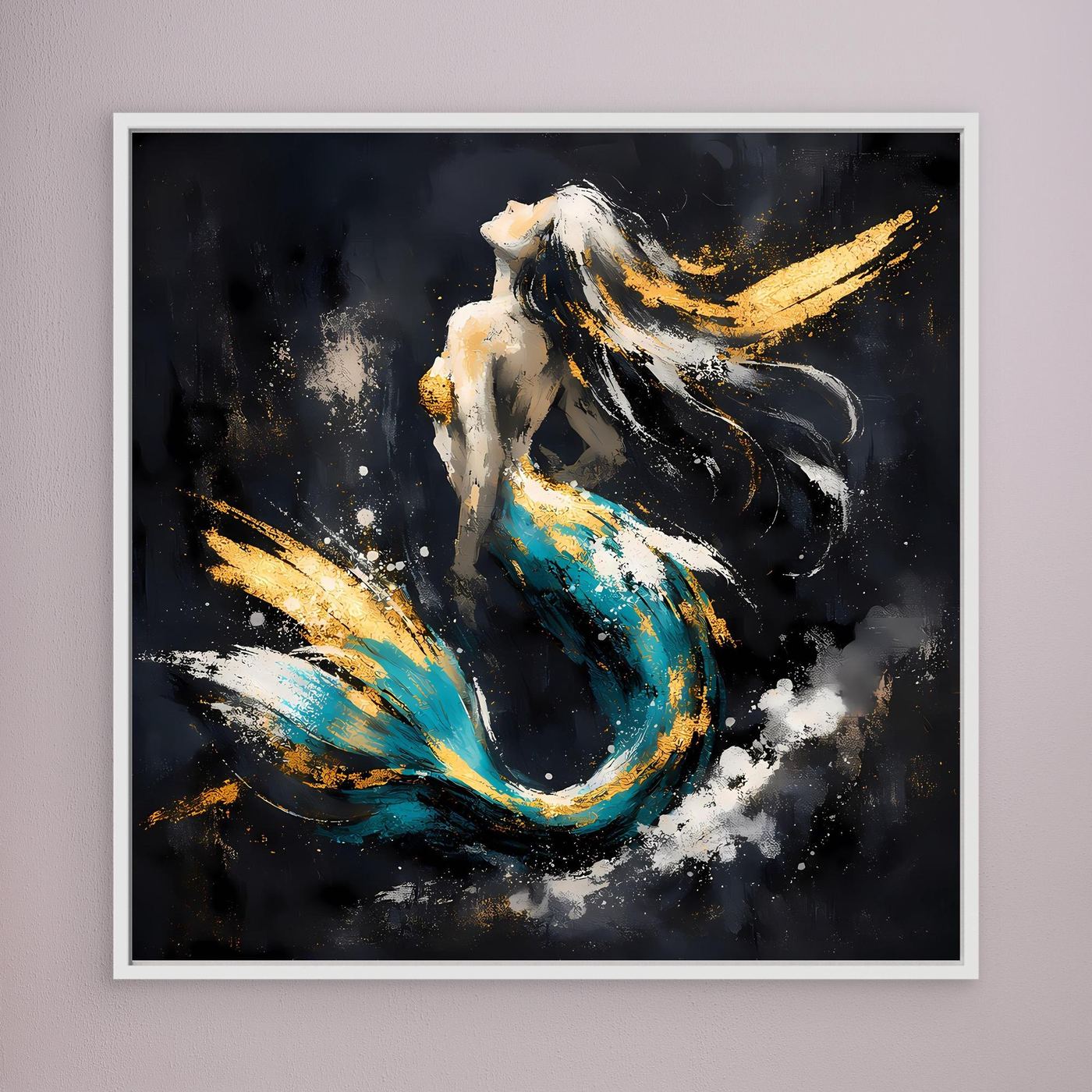 Leinwand Elegante Meerjungfrau in Türkis und Gold | Modernes Fantasy Wandbild