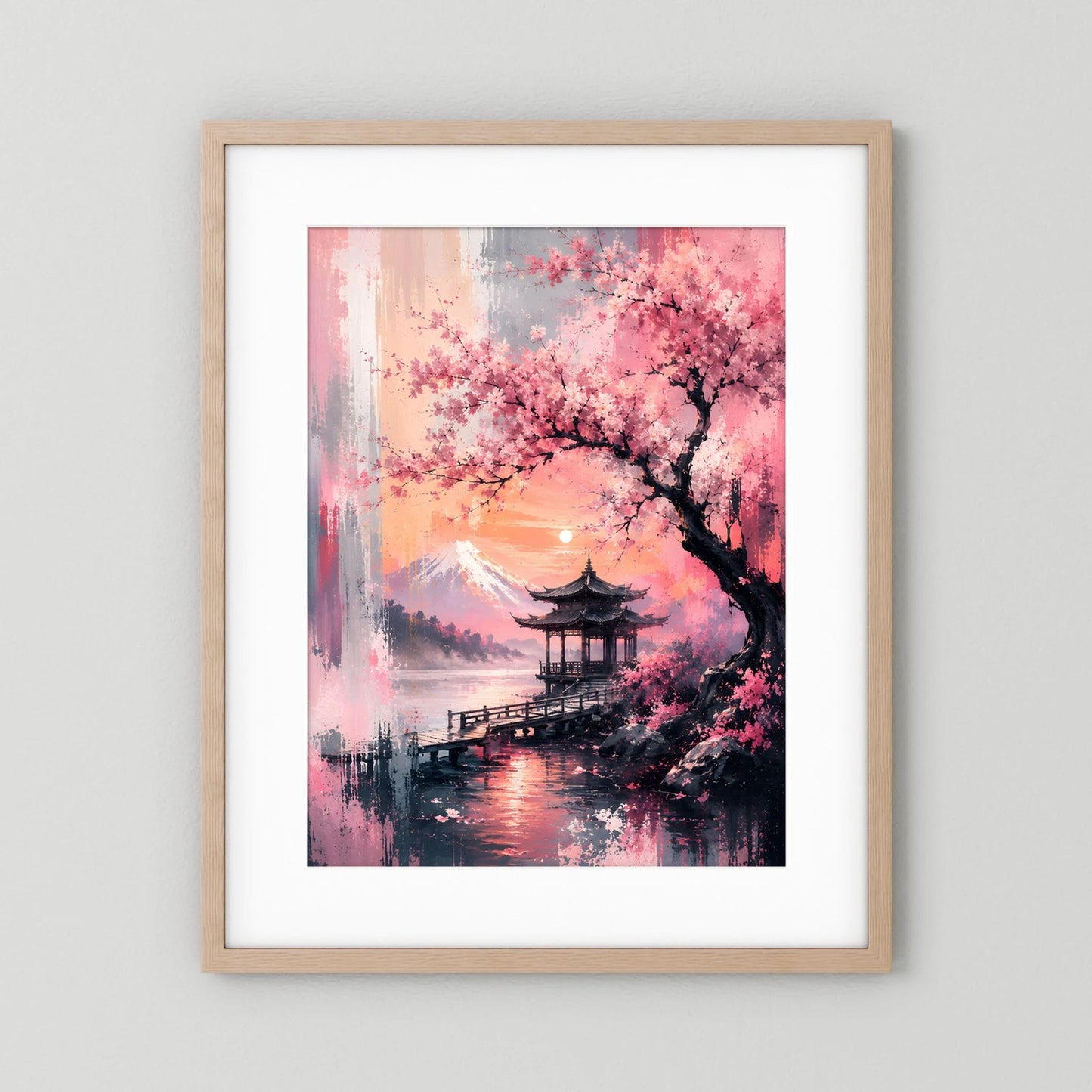 Hochformatiges Japan-Landschaftsposter mit Kirschblüten, Pagode und See, hellbrauner Rahmen