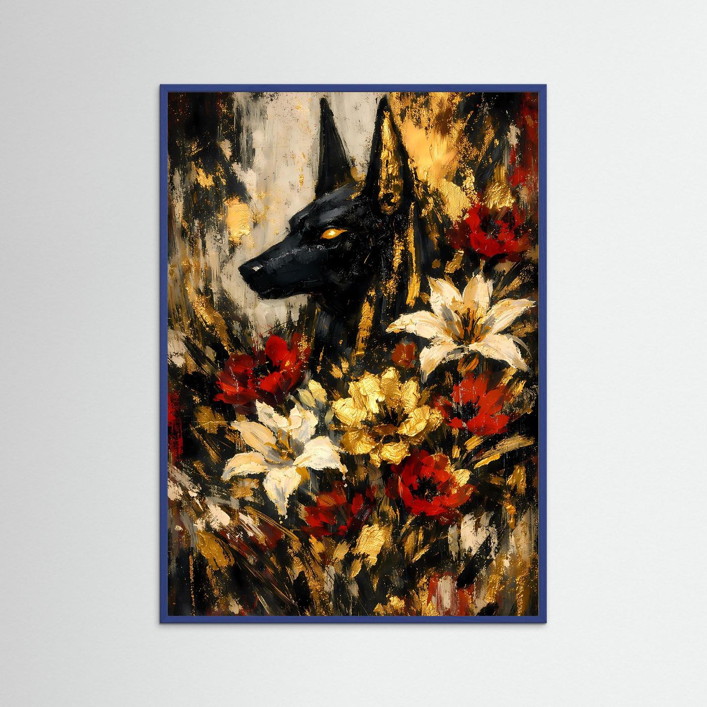 Hochformatiges Poster mit abstraktem Hund und Blumen in Rot, Gelb und Gold, im blauen Rahmen