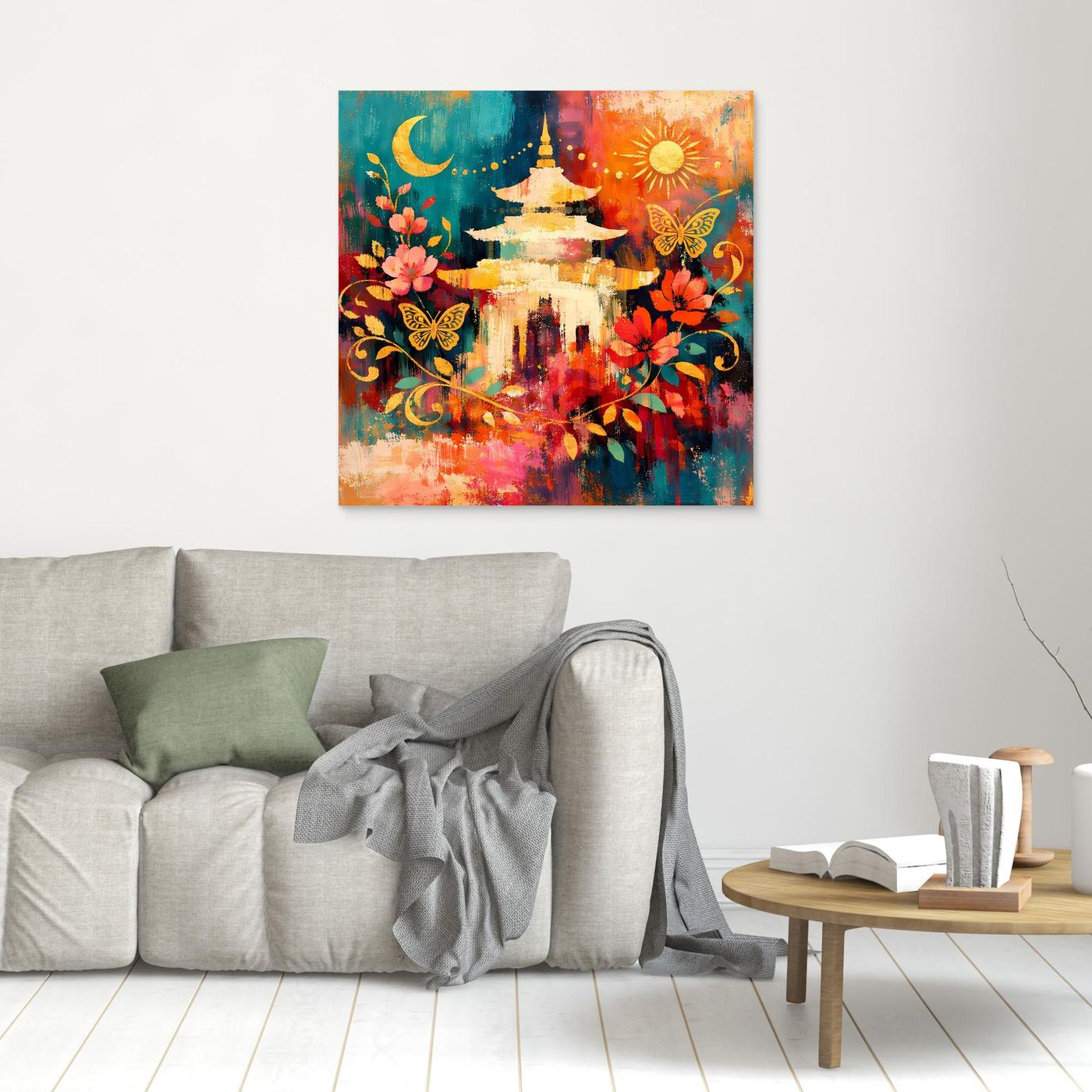 Kleines Wandbild ohne Rahmen mit goldener Pagode, Mond, Sonne, Schmetterlingen und Blumen
