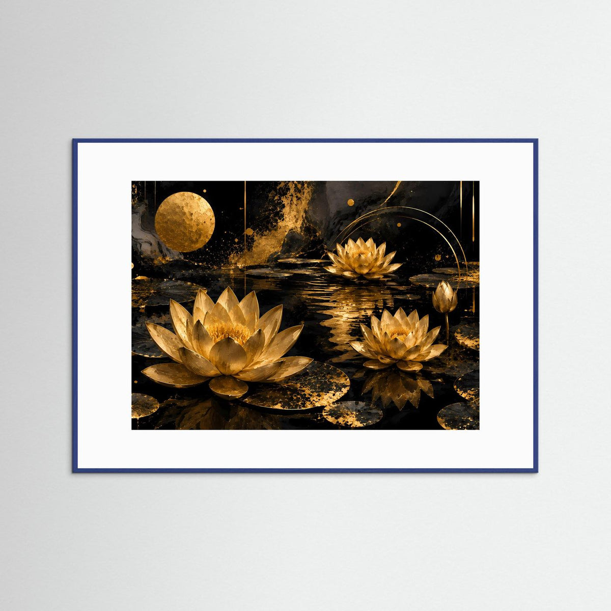 Gerahmtes Wandbild: goldene Lotusblüten auf dunklem Wasser, blauer Rahmen