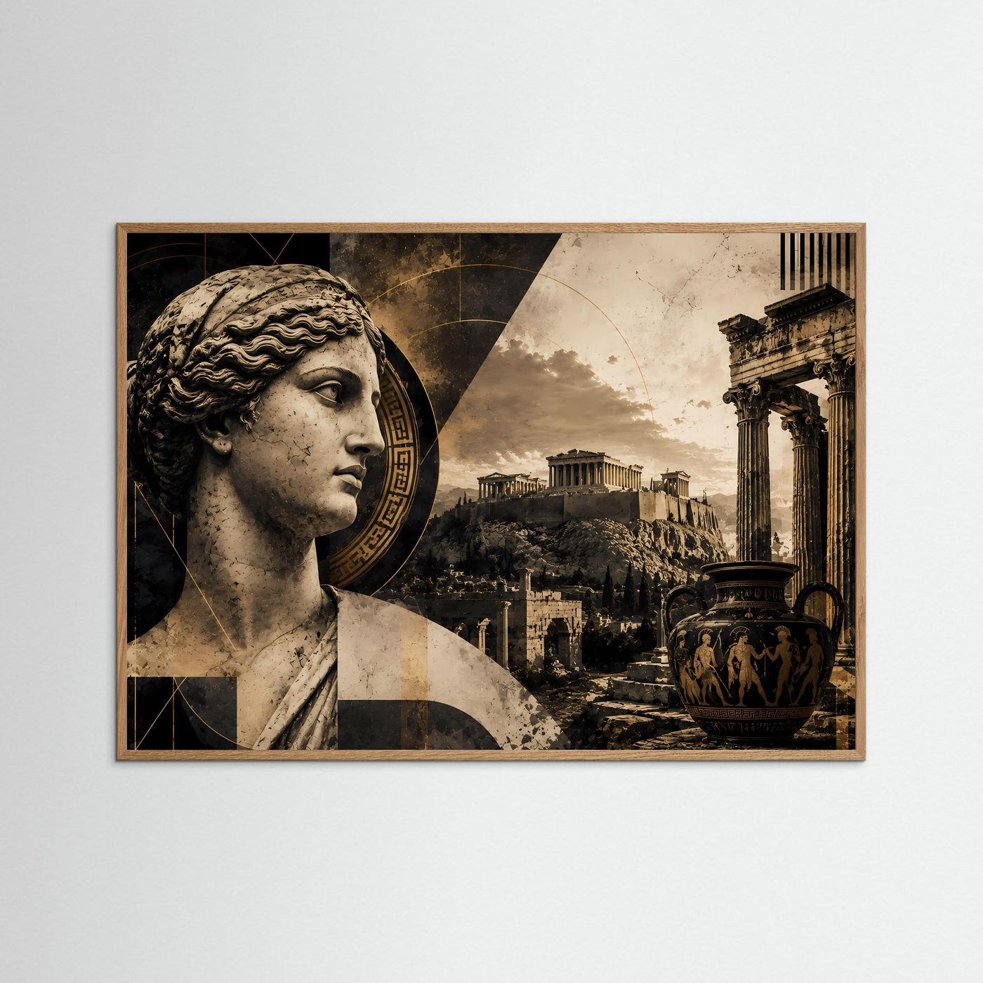 Wandkunst mit griechischer Statue im Schwarz-Gold-Print, gerahmt in hellem Eichenholz