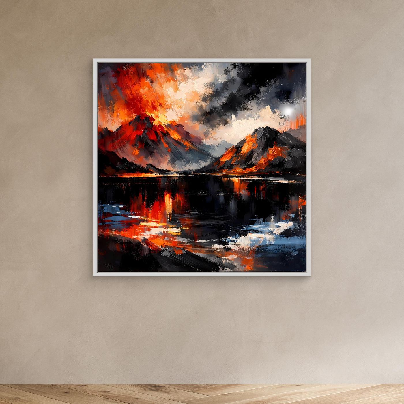 Abstraktes Wandbild mit Vulkanlava, Bergen und See-Reflexen in weißem Rahmen