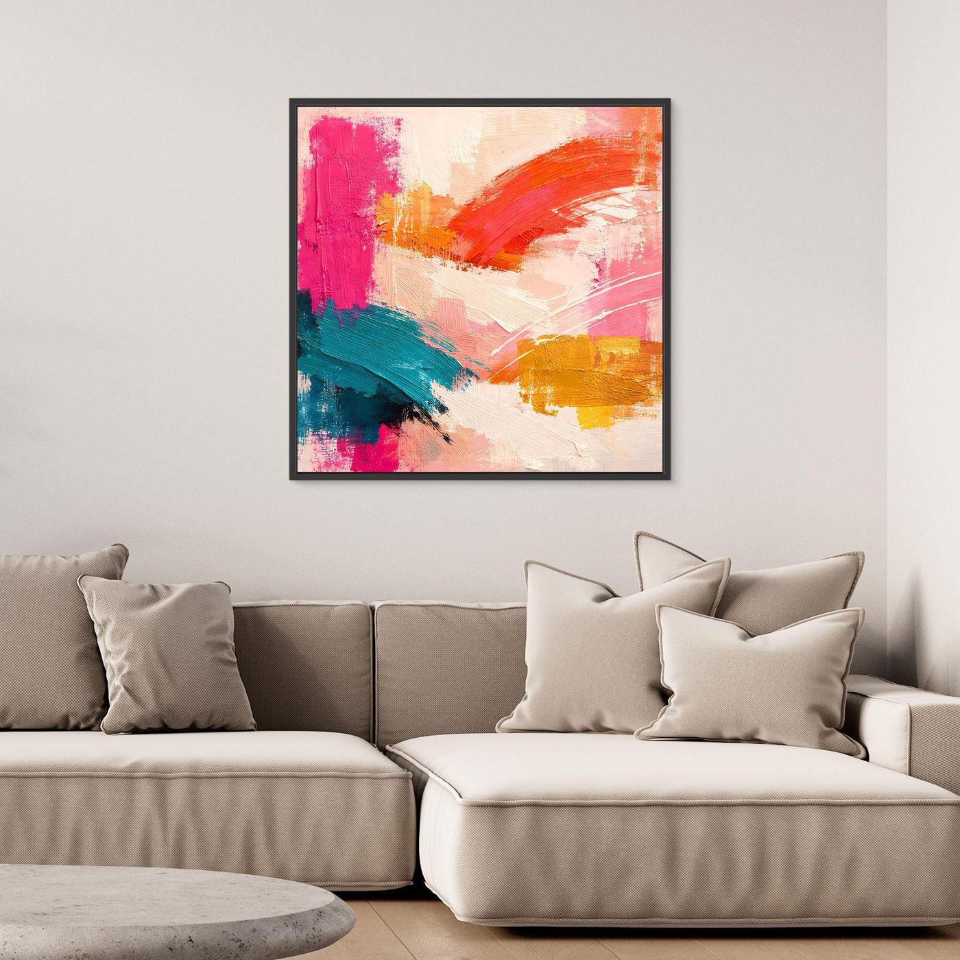 Abstraktes Leinwand-Wandbild im Pastellstil mit Pinselstrichen, schwarz gerahmt, Pink/Teal