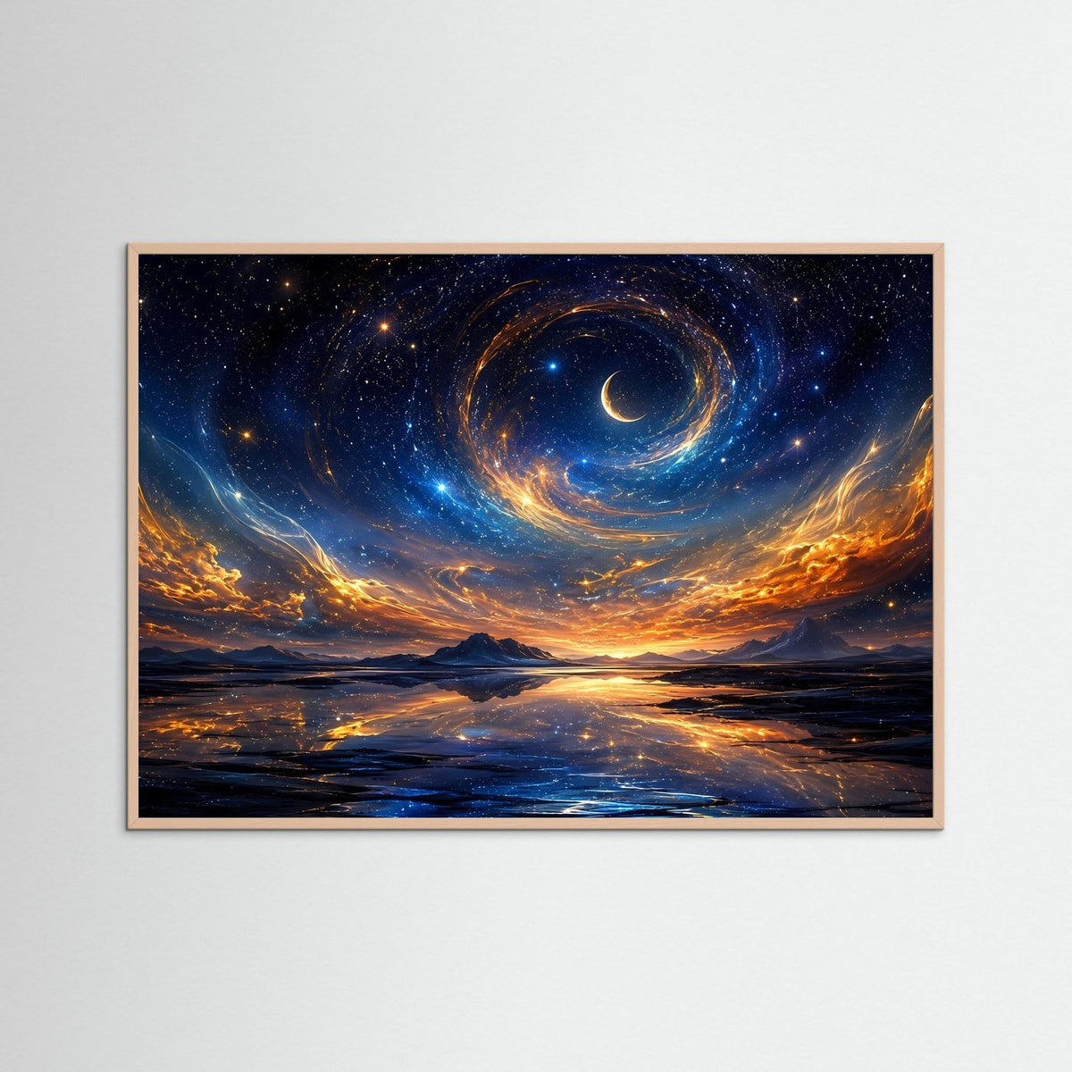 Poster im Holzrahmen mit abstrakter Galaxie, Sternen und Mondsichel in Blau und Gold