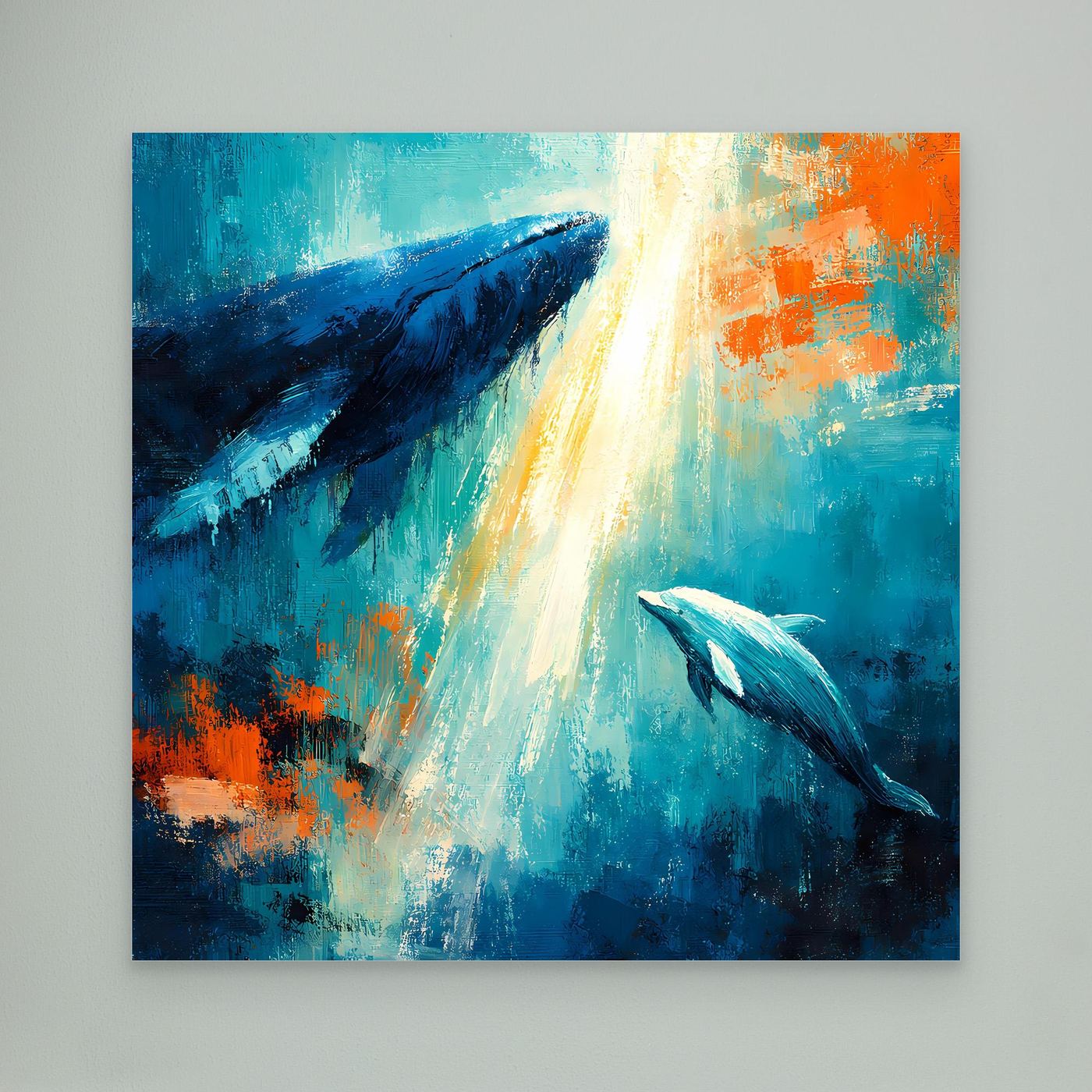 Leinwand Majestätischer Wal und Delfin im Lichtstrahl | Abstraktes Meeres Wandbild