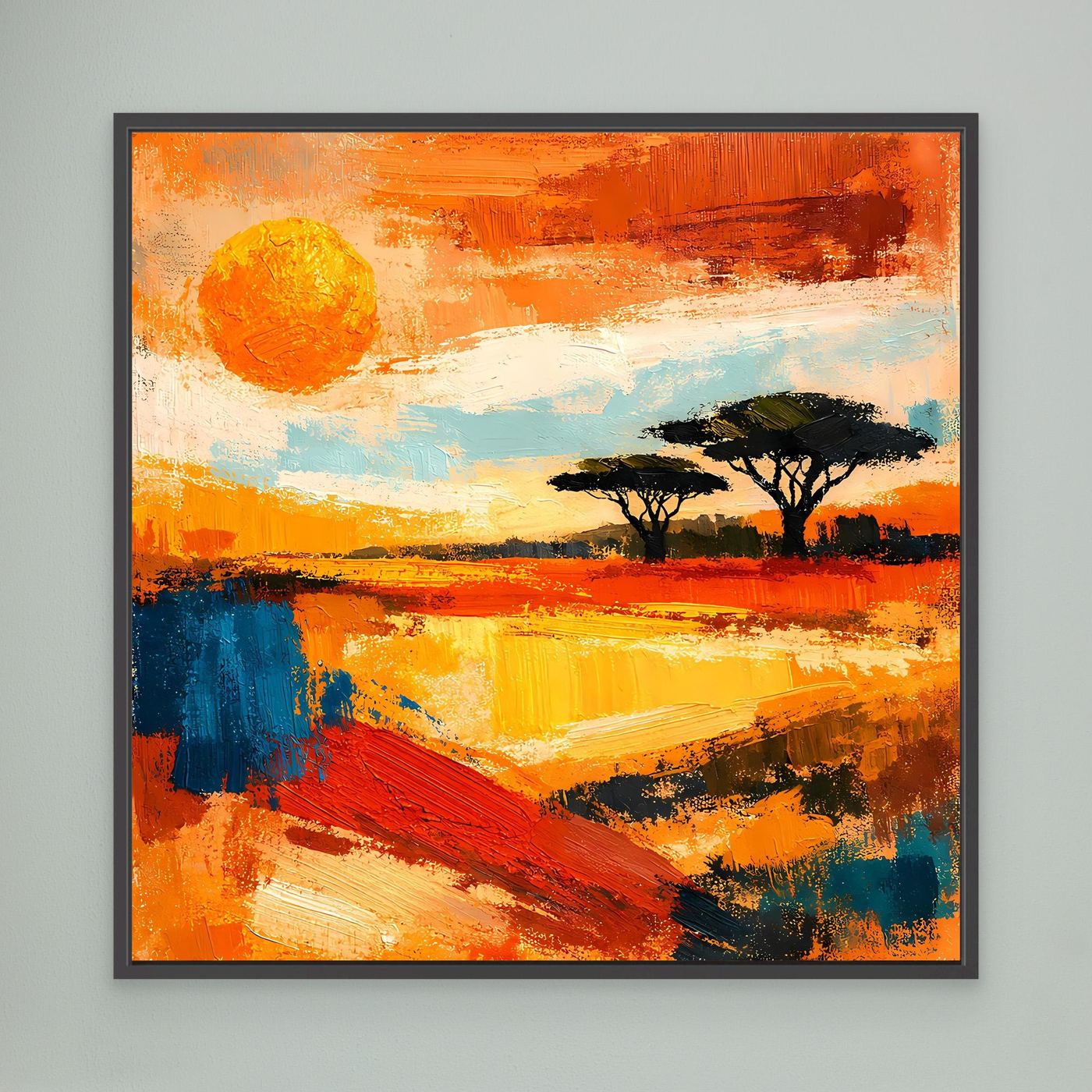 Abstract savanna sunset canvas wall art with dark border frame and warm orange tones.