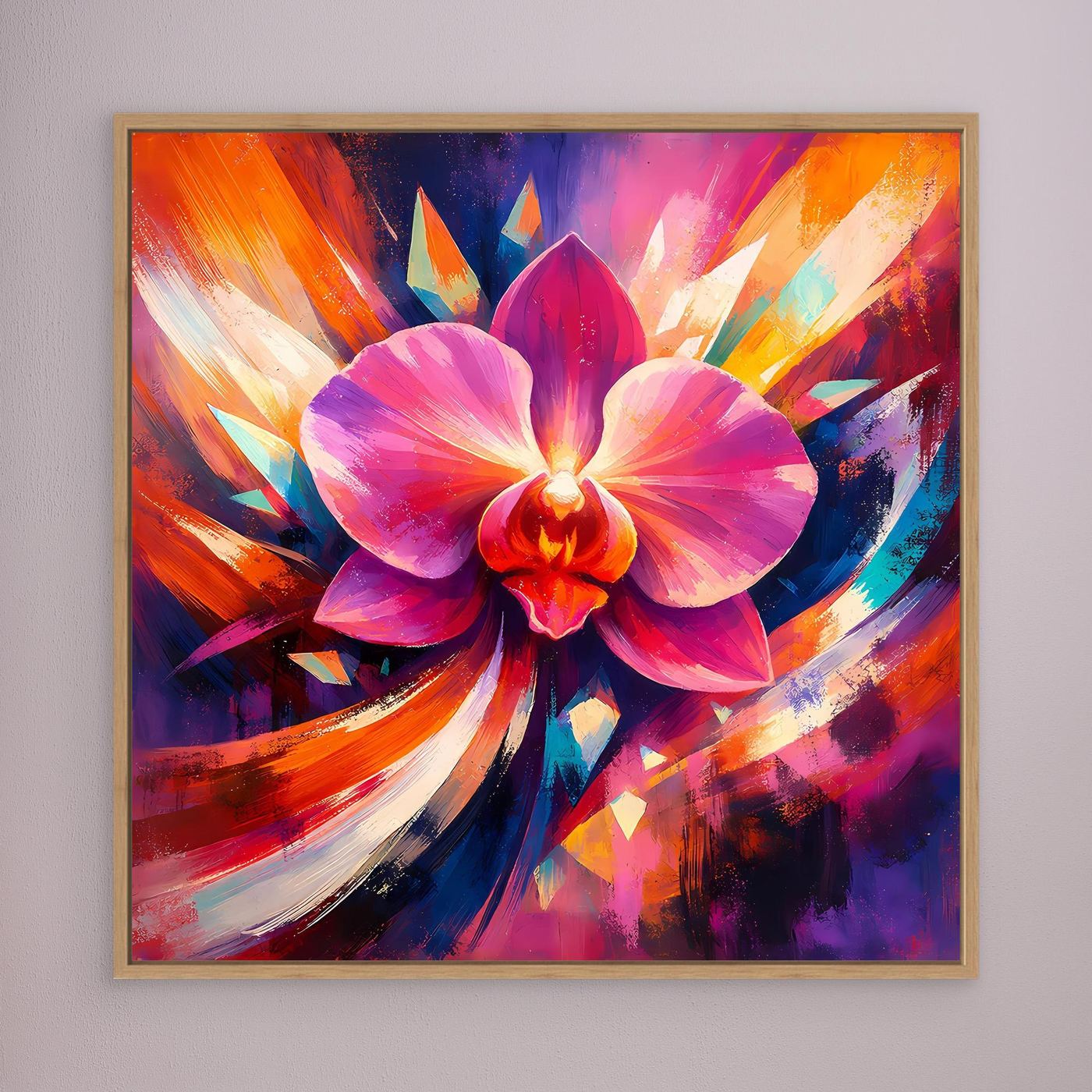Gerahmtes Leinwandbild mit abstrakter Orchidee in Pink, Lila und Orange, brauner Rahmen.