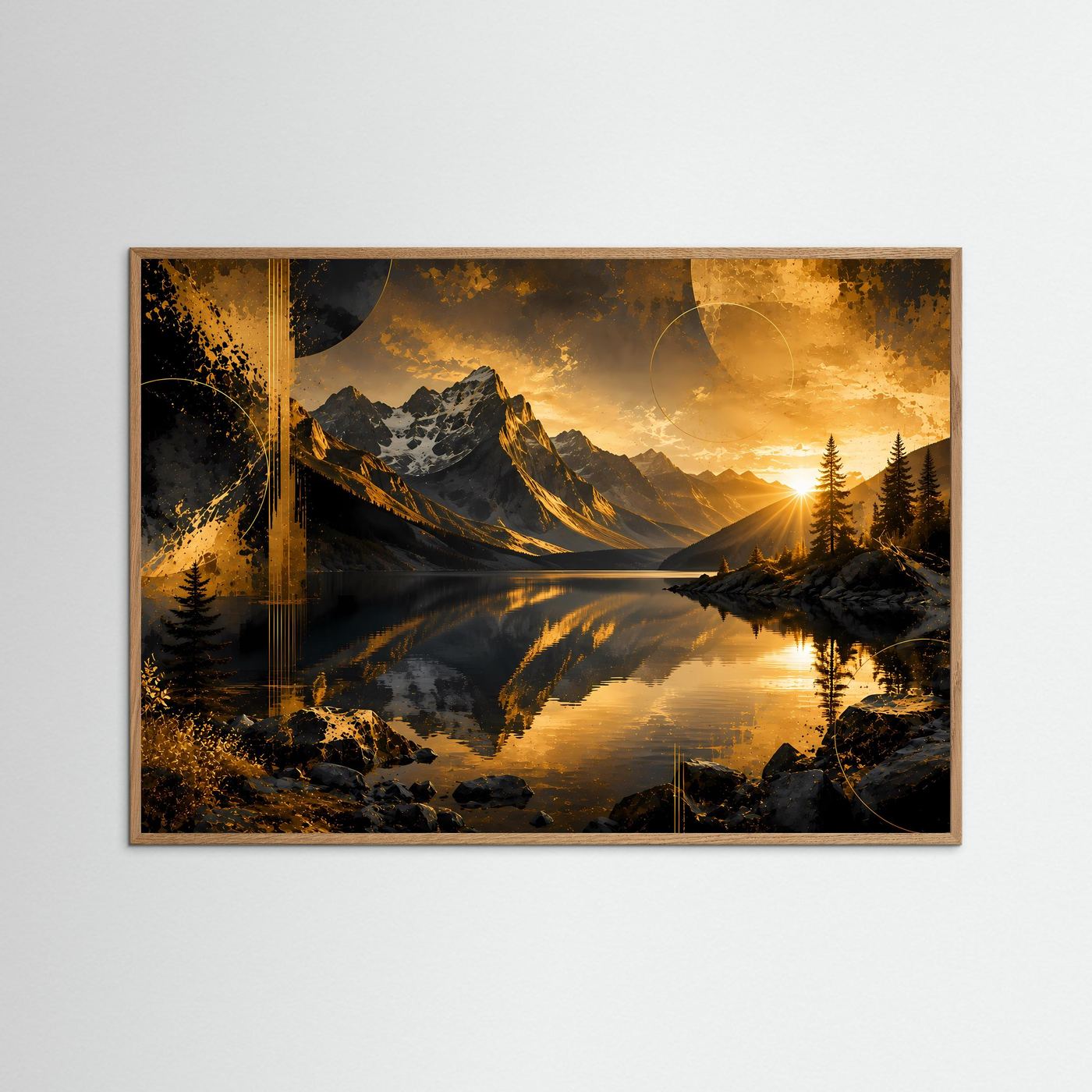 Querformat-Poster mit Bergsee-Landschaft in dunklem Gold, heller Eichenrahmen