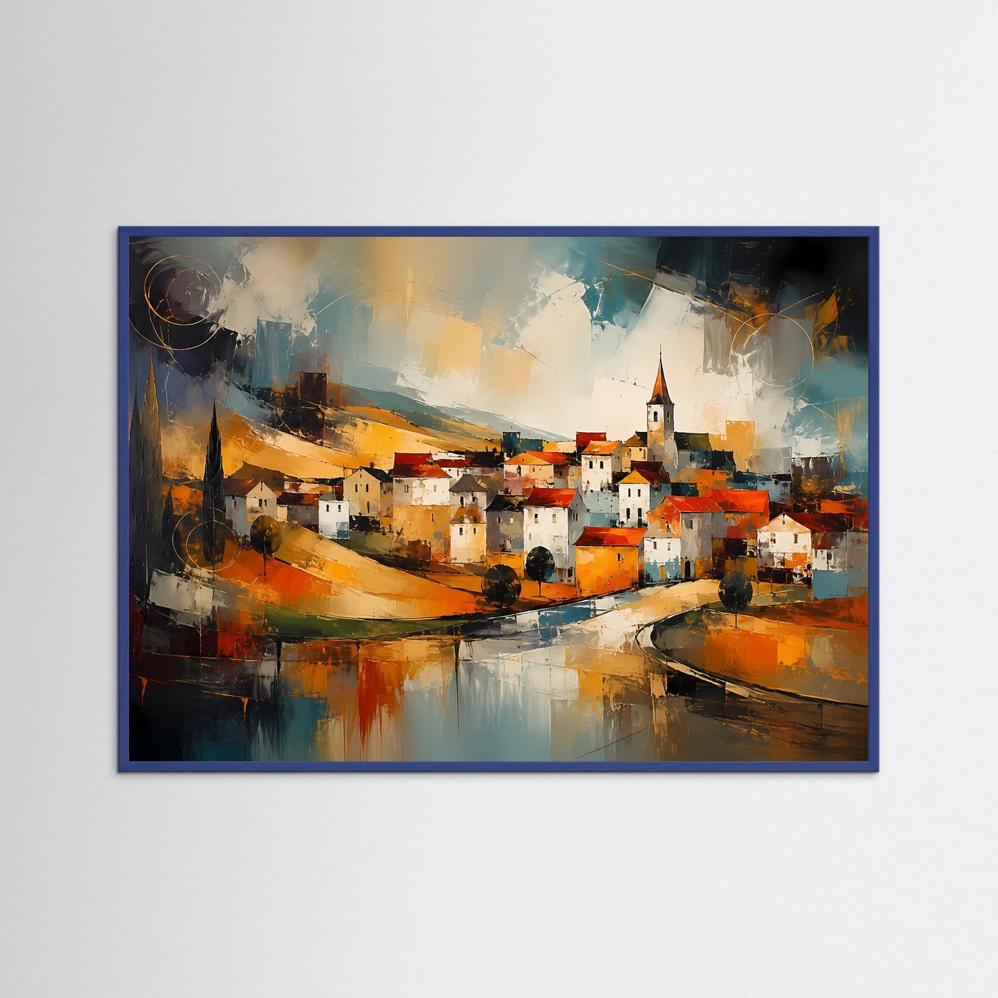Poster im blauem Rahmen mit Dorf am Fluss, orange-blaue Farbflecken und Gebäude