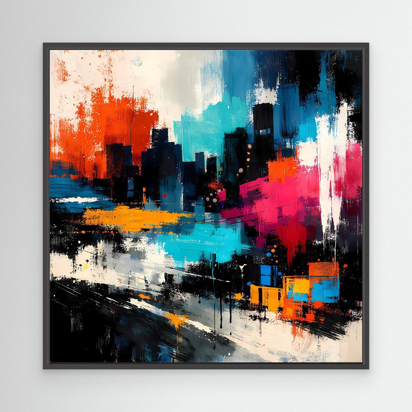 Abstract city skyline wall art with blue, orange, pink, and black paint, black frame