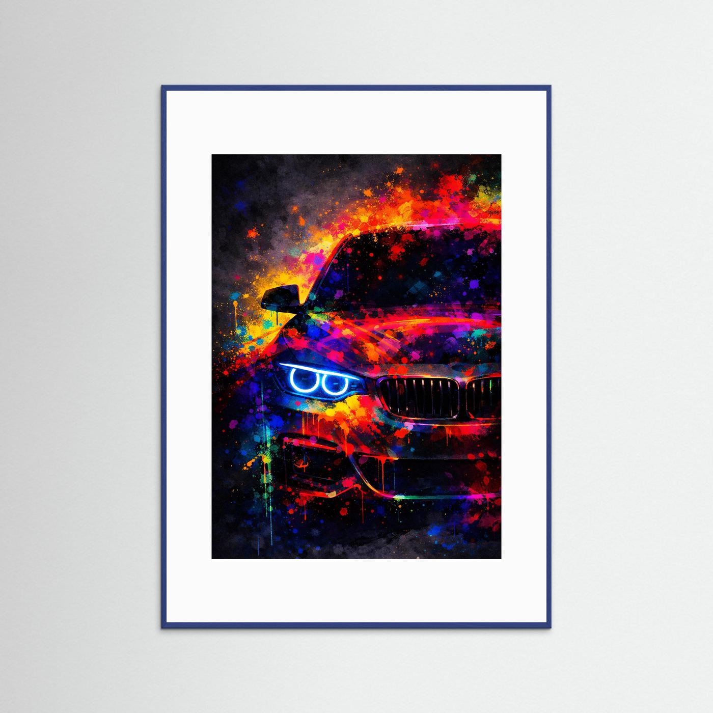 Abstraktes Auto-Poster, Neon-Sportwagenfront (BMW), blau gerahmt