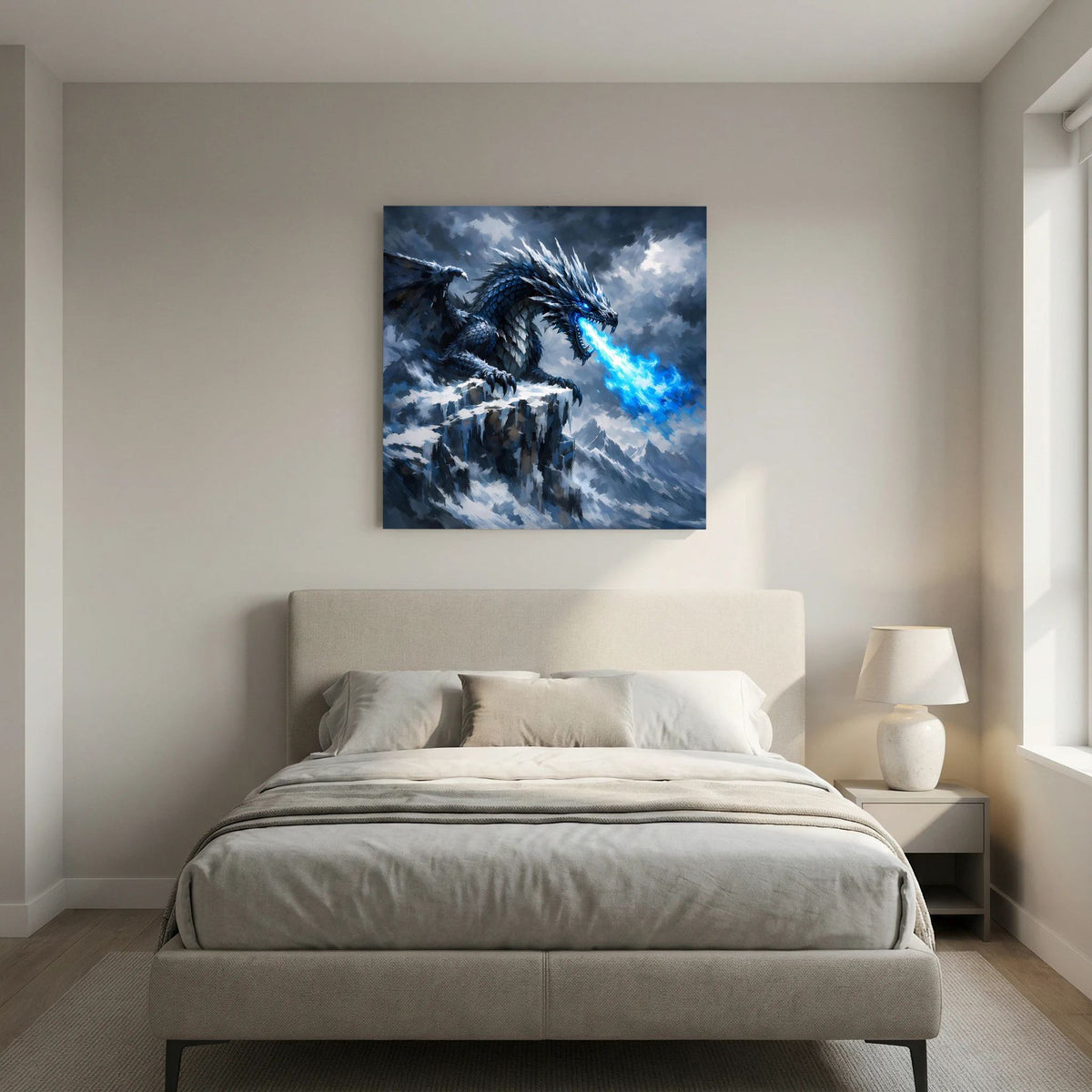 Fantasy-Leinwandbild im Schlafzimmer: blauer Eisdrache mit leuchtendem Eisstrahl