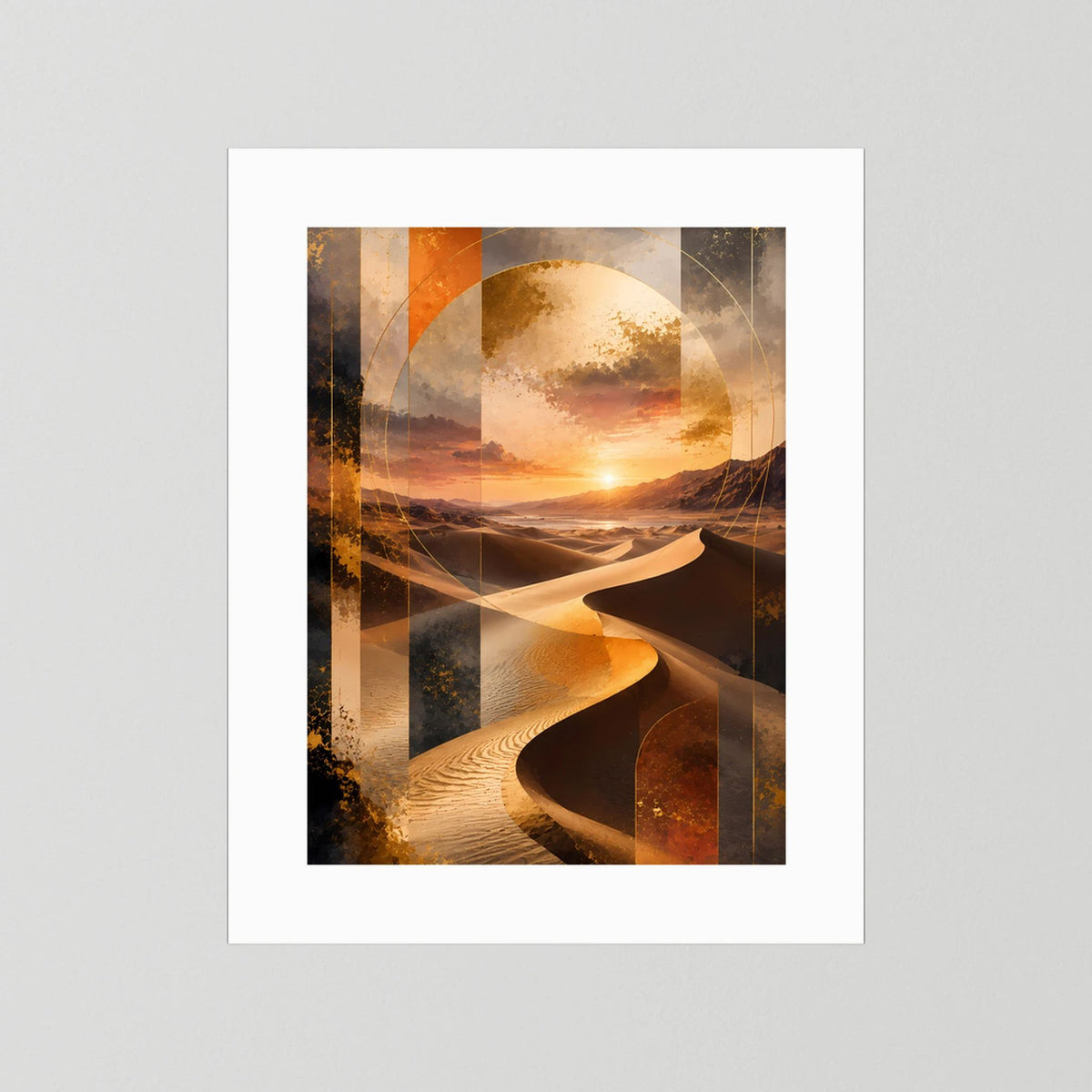 Poster mit weißem Passepartout, abstrakte Goldwüste mit Dünen und Sonnenuntergang