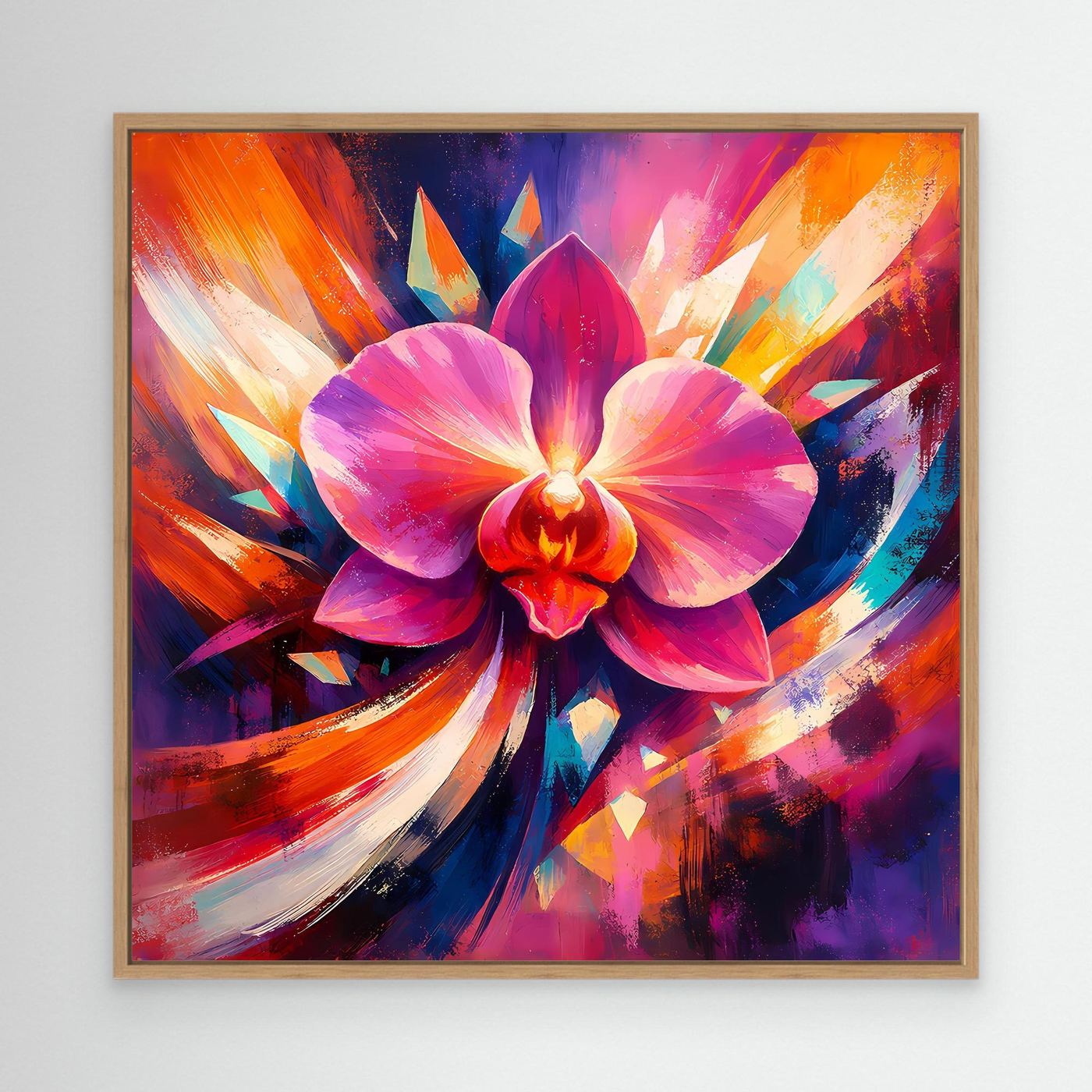 Leinwandbild mit abstrakter Orchidee, buntem Pinselstrich, Holzrahmen