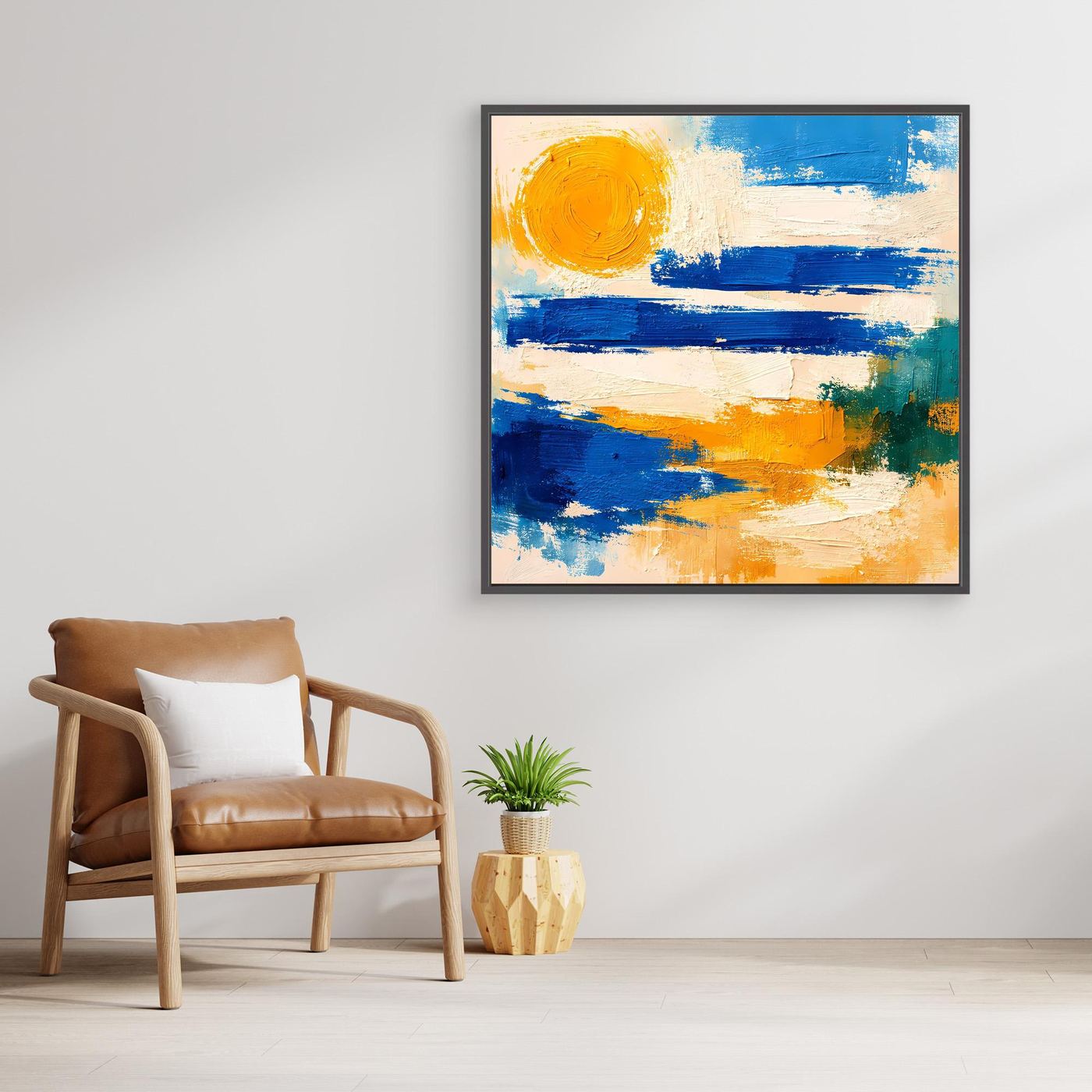 Abstract seascape wall art with blue and yellow paint strokes, black frame