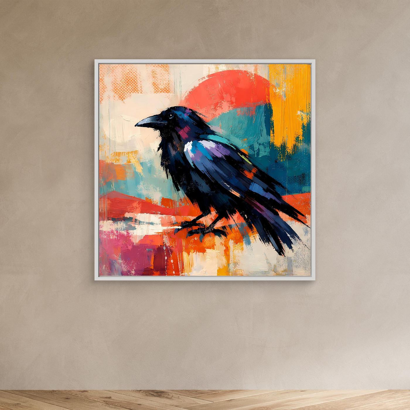 White framed small colorful abstract raven bird wall canvas with red sun and teal blue