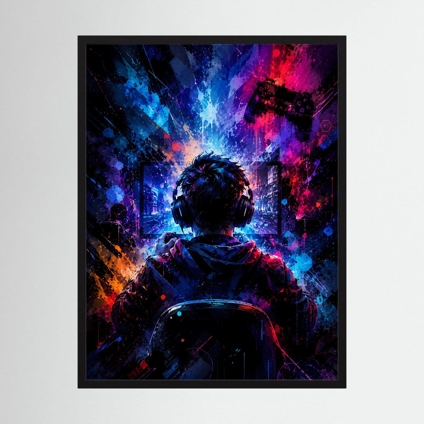 Hochformatiges Poster: Gamer mit Headset und Controller, Neon im schwarzen Rahmen