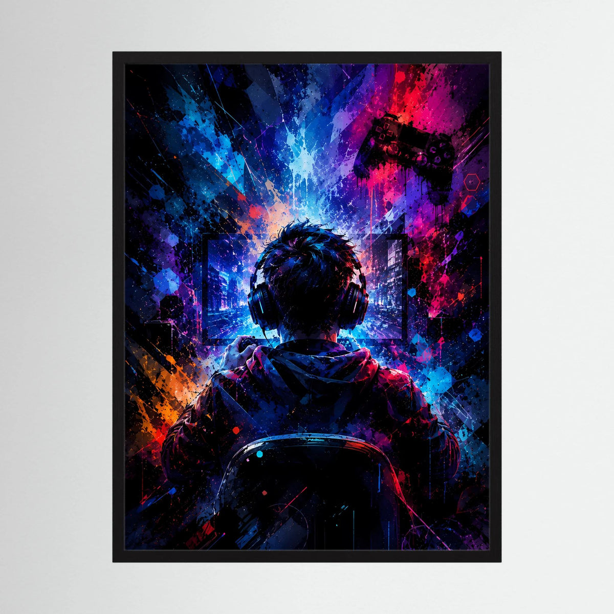 Hochformatiges Poster: Gamer mit Headset und Controller, Neon im schwarzen Rahmen