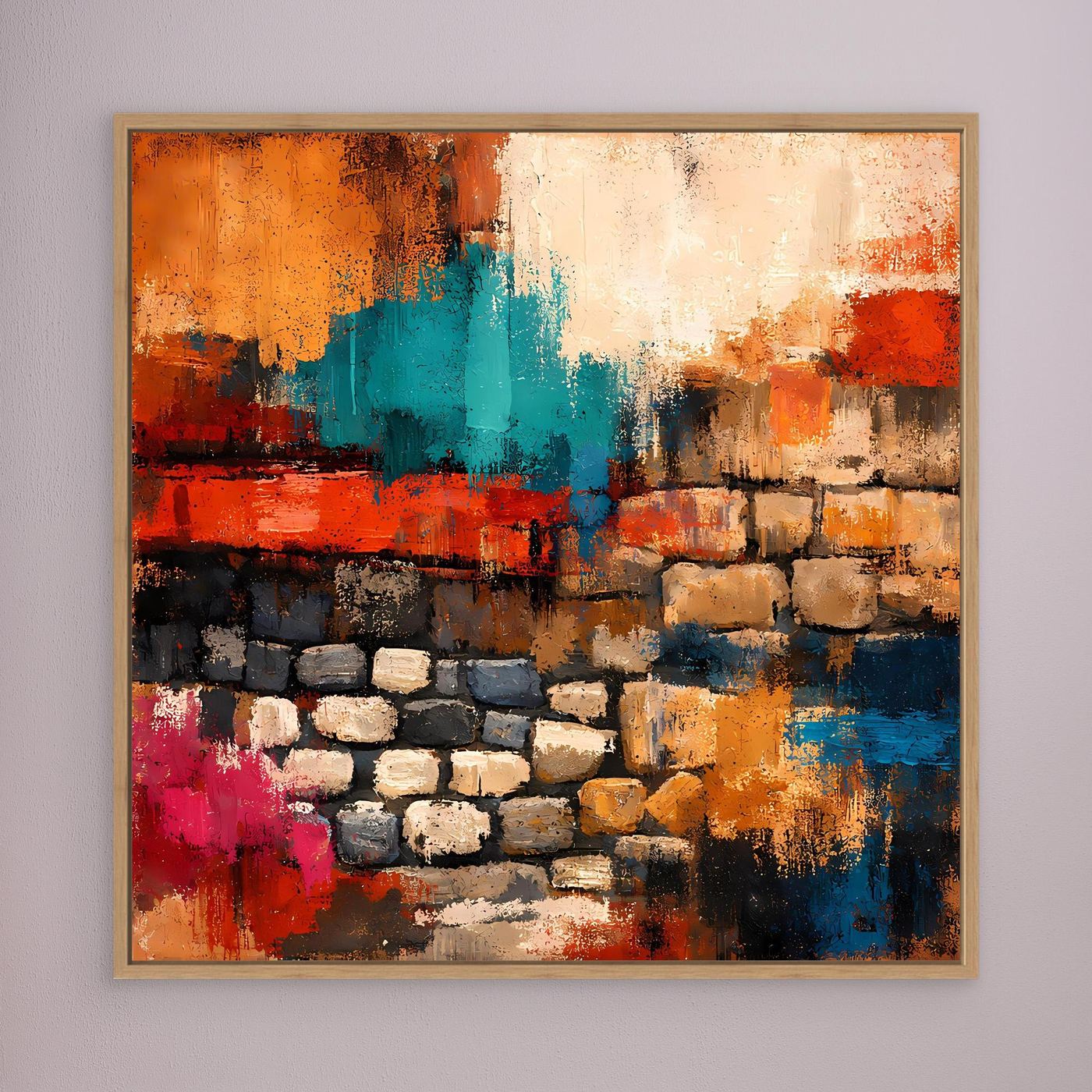 Leinwand-Wandbild mit abstrakter Steinmauer in Orange, Türkis, Rot und Blau, braun gerahmt