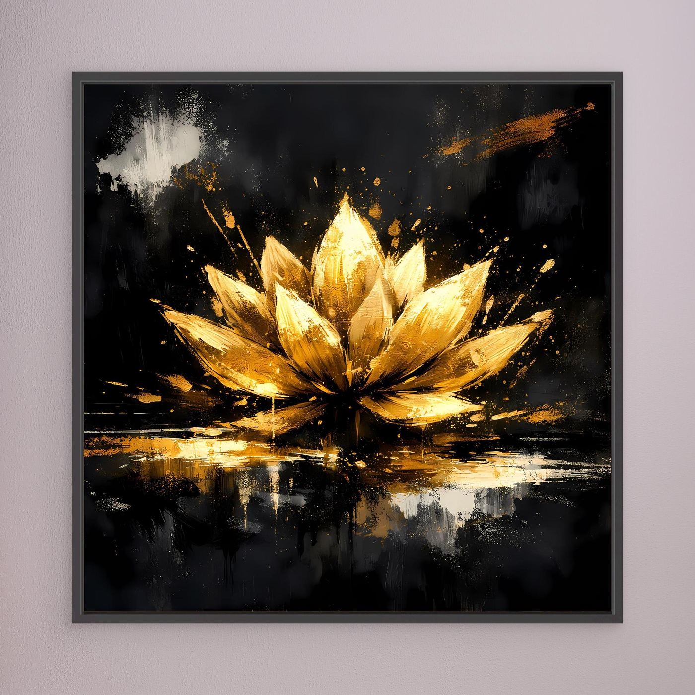 Leinwand Goldene Lotusblüte Abstrakt | Modernes Lotus Wandbild Schwarz Gold