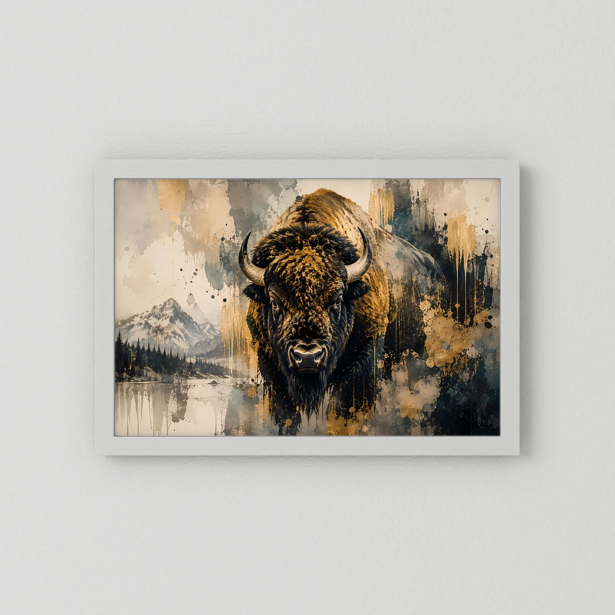 Abstraktes Bison-Poster in Schwarz-Gold mit weißem Rahmen